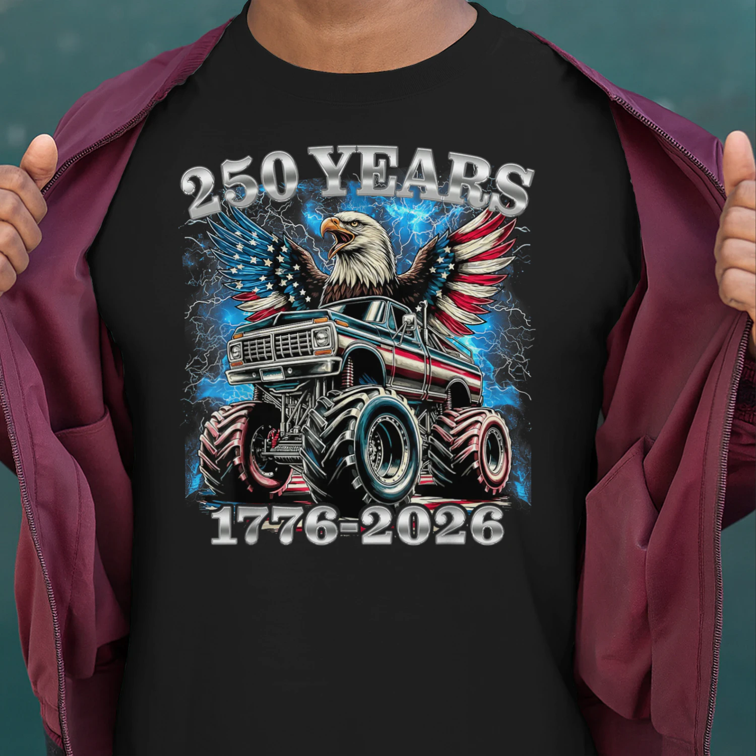 USA 250 Years 1776-2026 Monster Truck Eagle Flag Mens Boys