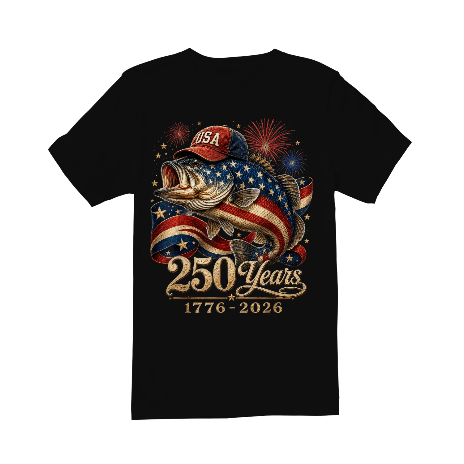 250 America 1776 2026 Bass Fishing USA Flag 250th Birthday