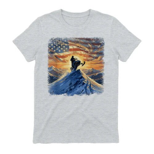 USA Flag Snowmobiling Mountain Sunrise