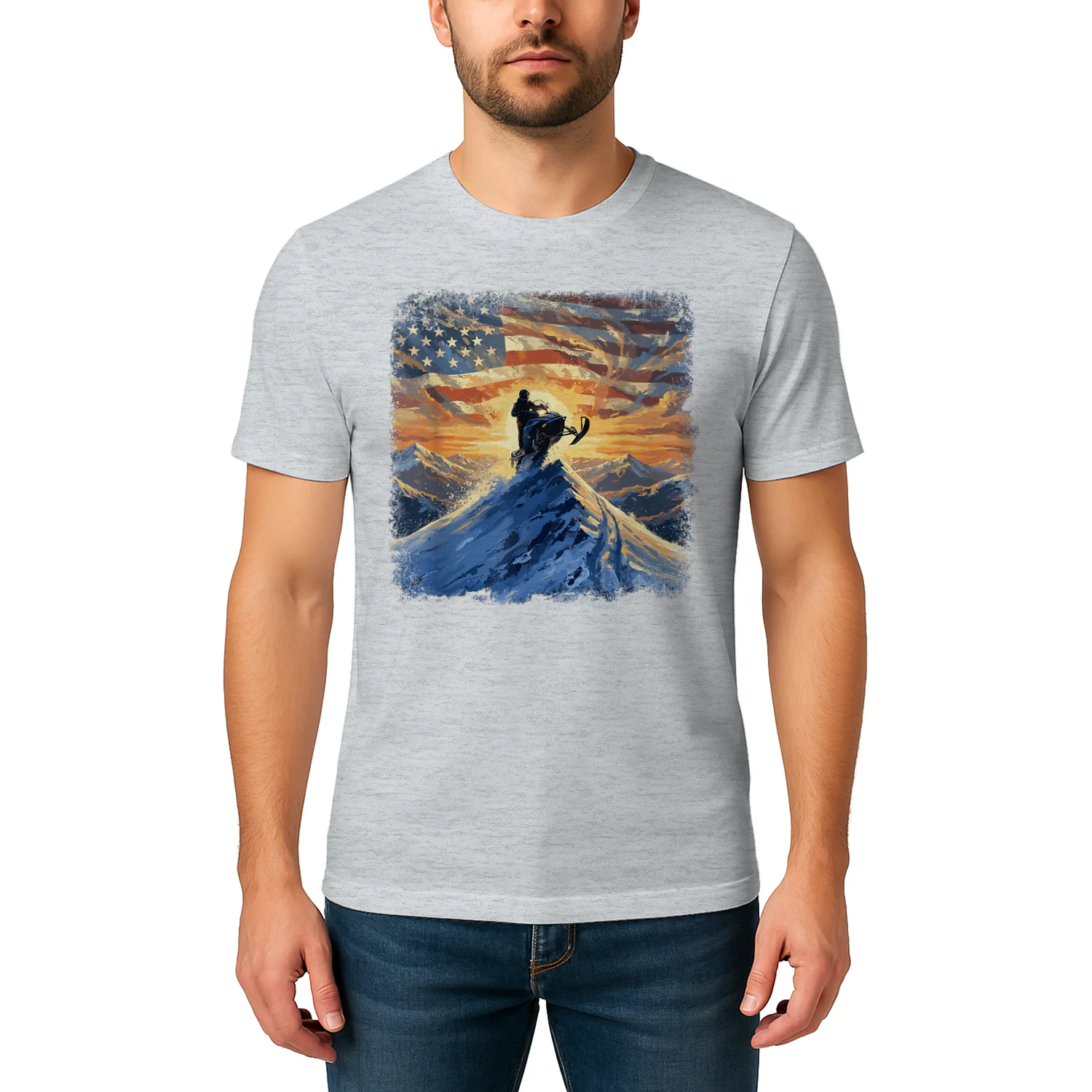 USA Flag Snowmobiling Mountain Sunrise