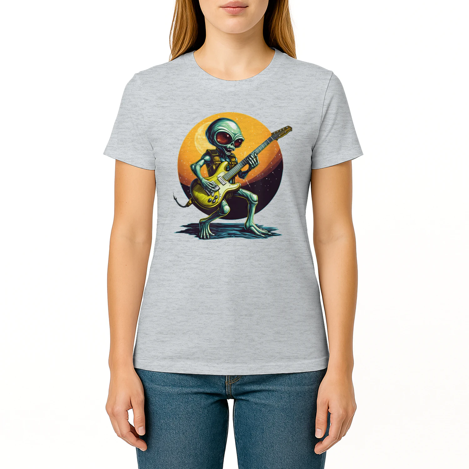 Cool Alien Playing Bass Guitar at Sunset Cosmic Music Desi