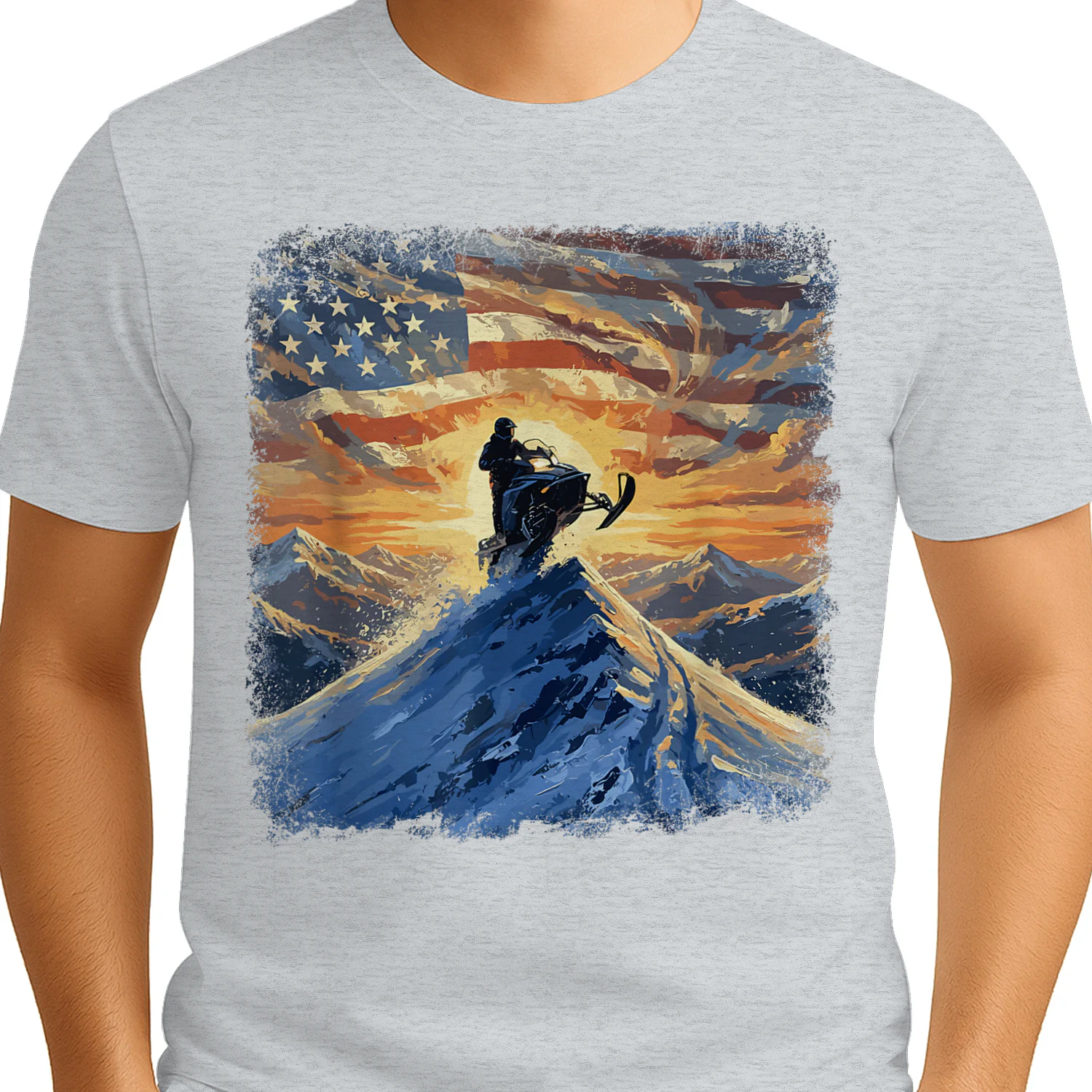 USA Flag Snowmobiling Mountain Sunrise