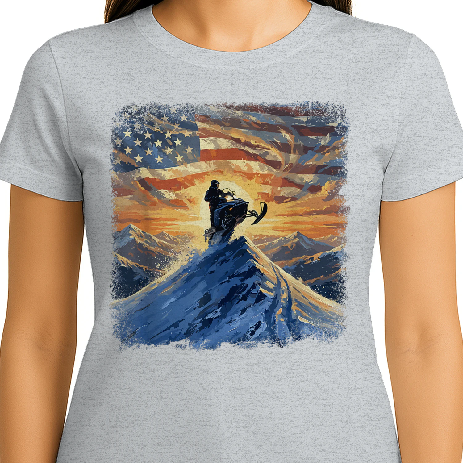 USA Flag Snowmobiling Mountain Sunrise