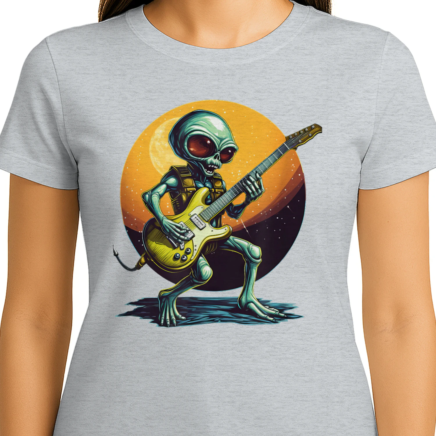 Cool Alien Playing Bass Guitar at Sunset Cosmic Music Desi