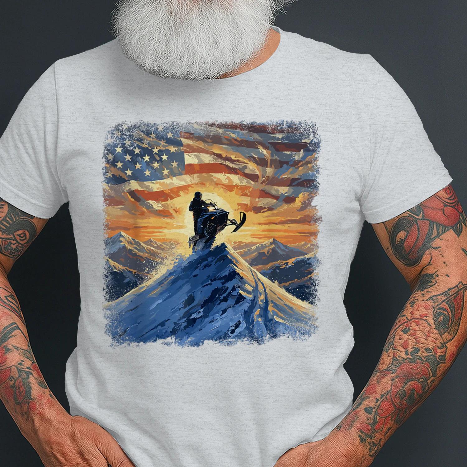 USA Flag Snowmobiling Mountain Sunrise