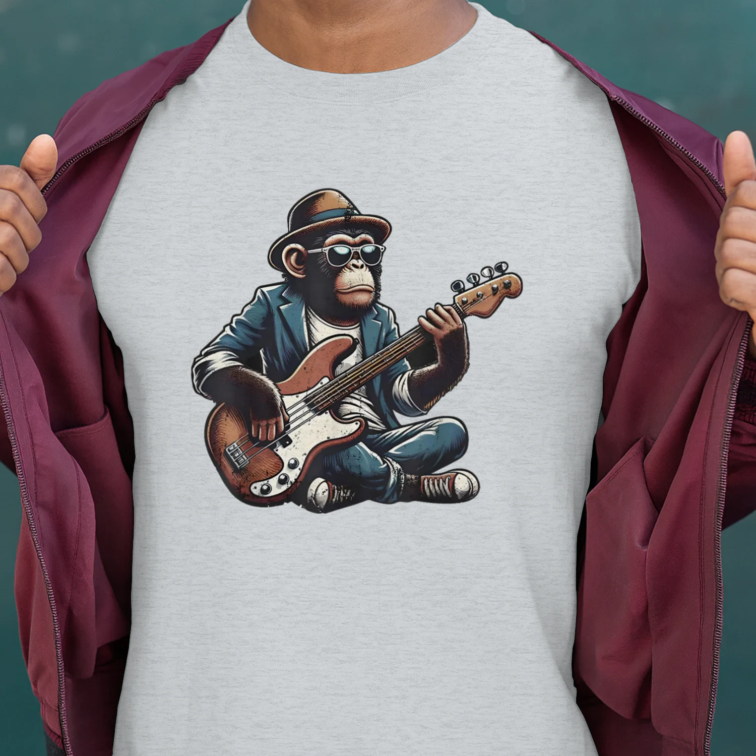 Funny Chimpanzee Playing Electric Bass Guitar Funky Monkey