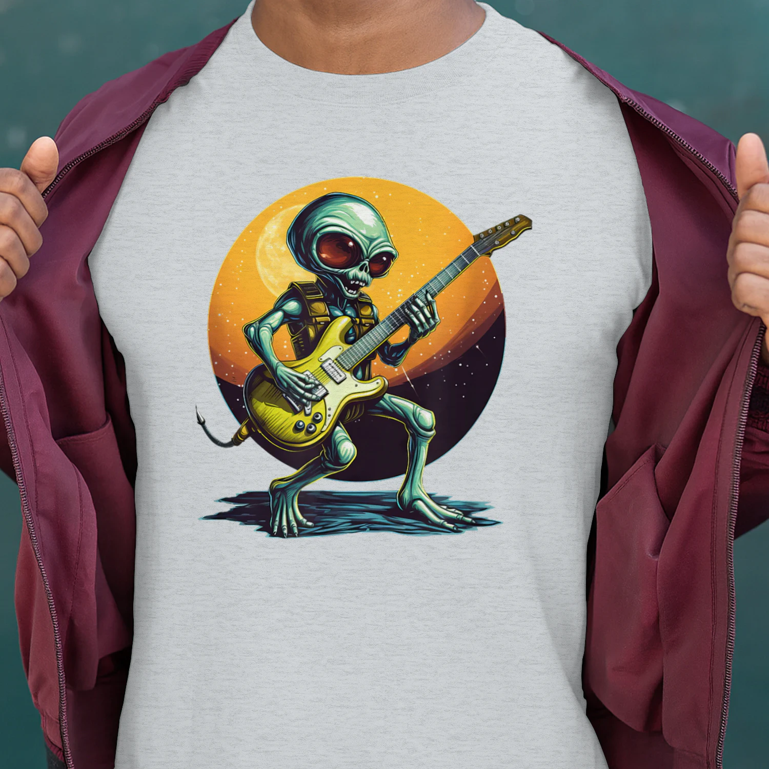 Cool Alien Playing Bass Guitar at Sunset Cosmic Music Desi