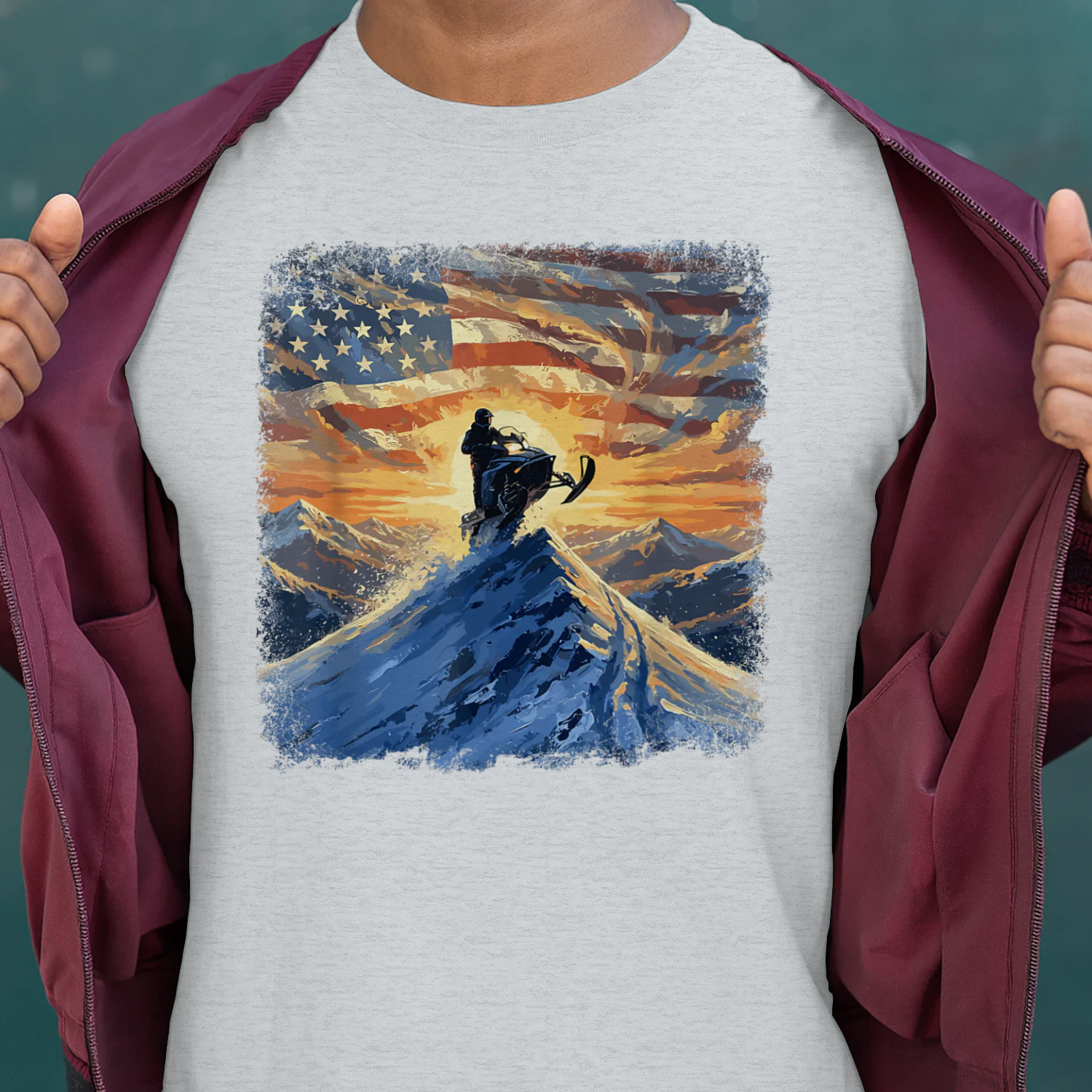USA Flag Snowmobiling Mountain Sunrise
