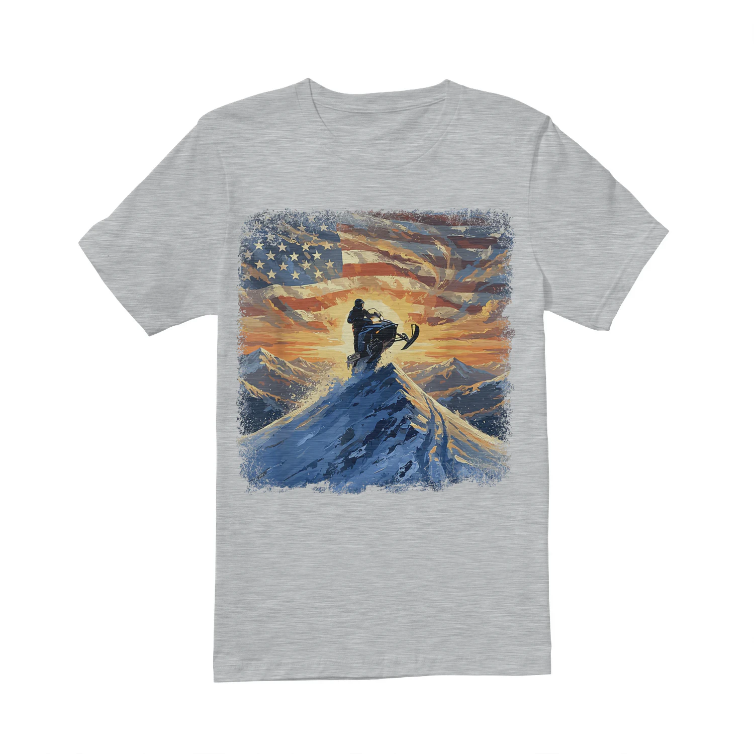 USA Flag Snowmobiling Mountain Sunrise