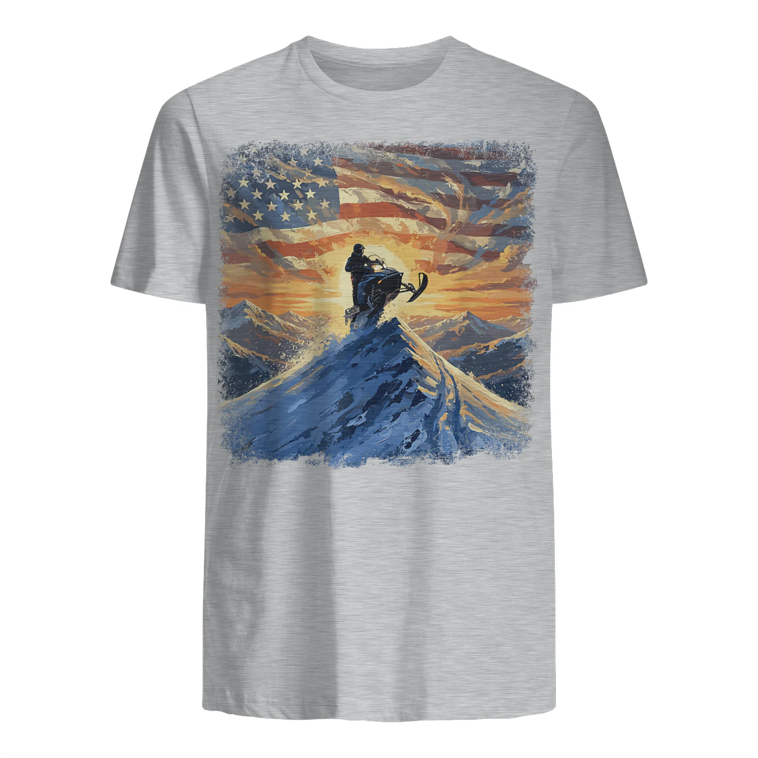 USA Flag Snowmobiling Mountain Sunrise