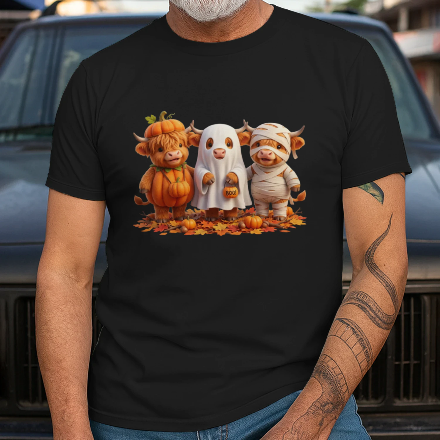 Three Highland Cows at Halloween