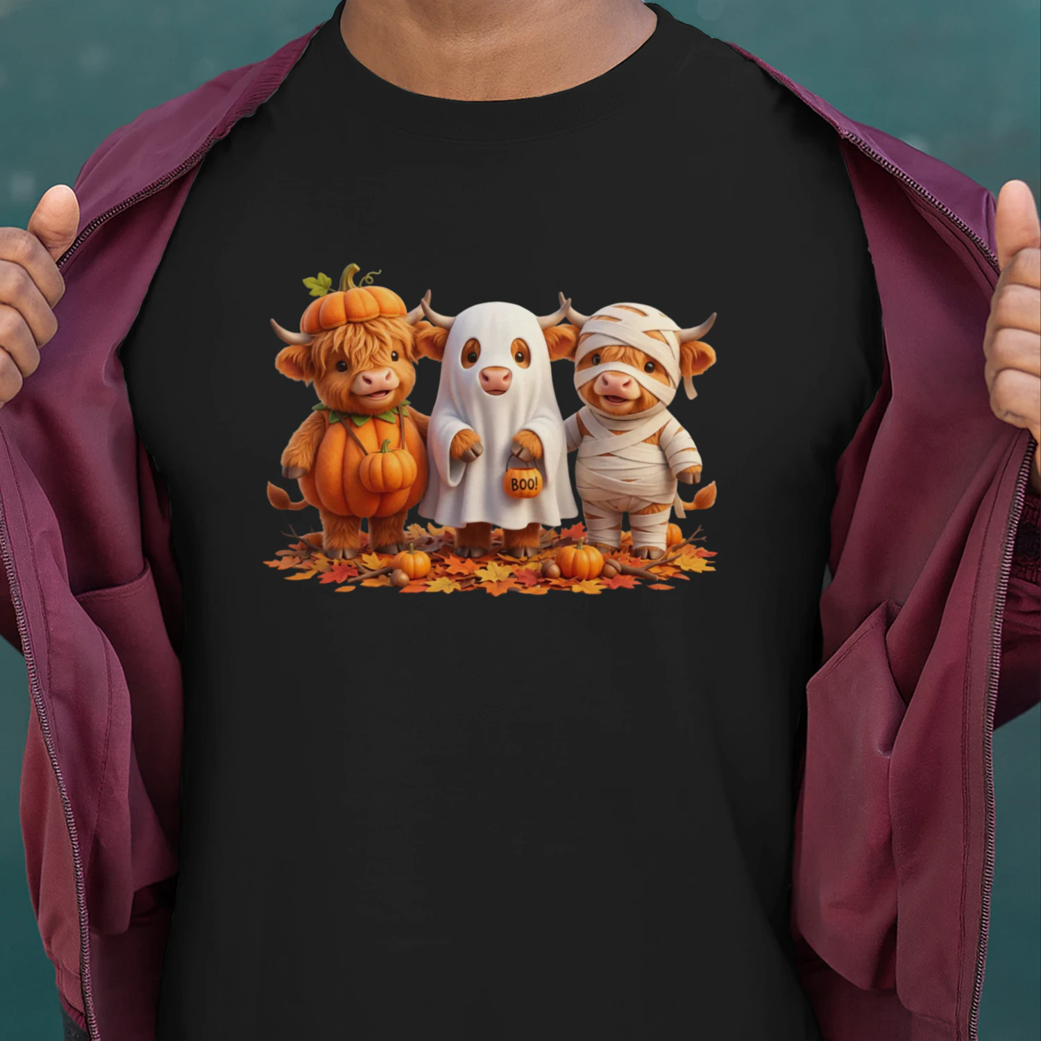 Three Highland Cows at Halloween