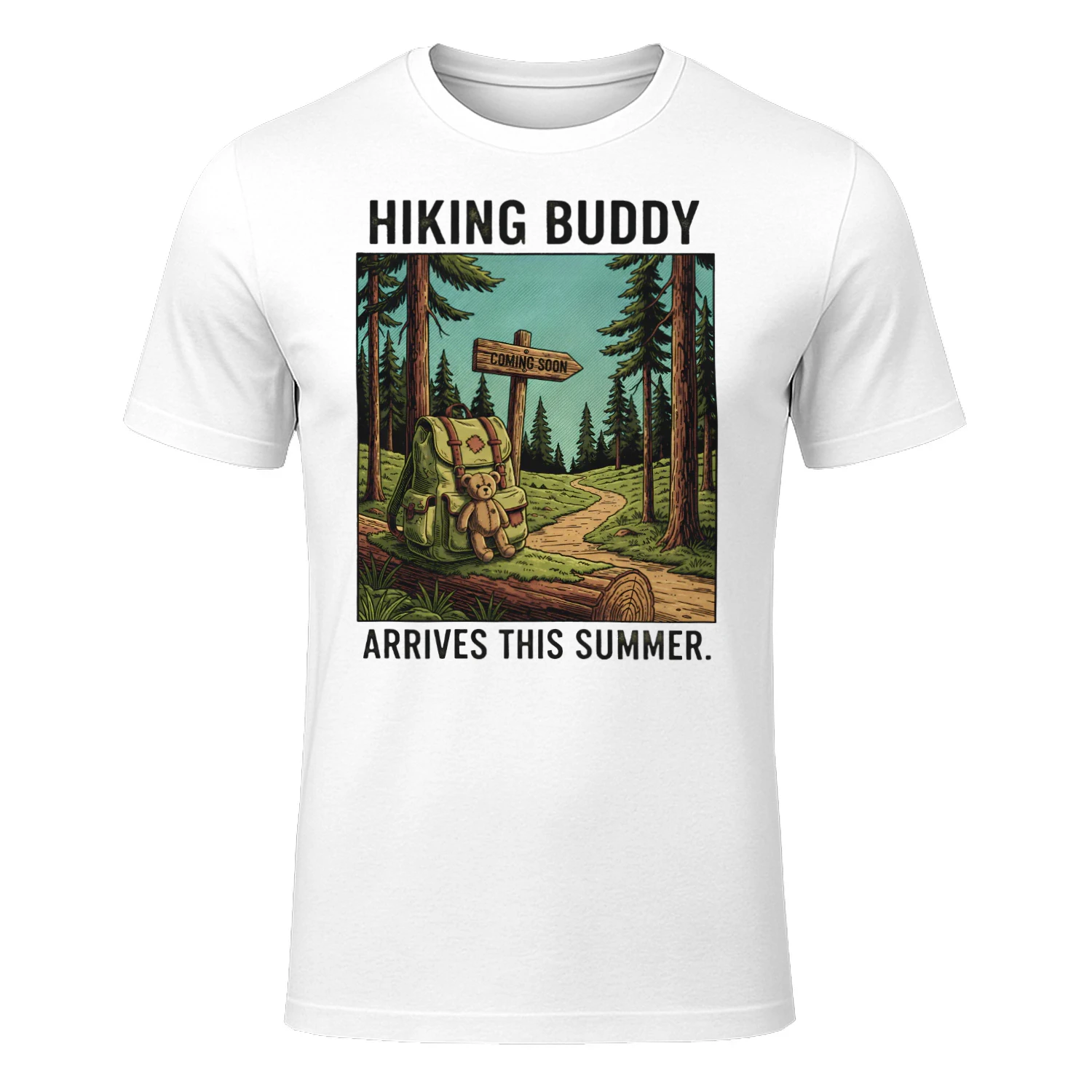 Funny Baby Announcement Shirt | Hiking Buddy Coming Soon Arrives This Summer | New Dad Mom Tee | Baby Shower Gift | Pregnancy Reveal Shirt | Outdoor Parent