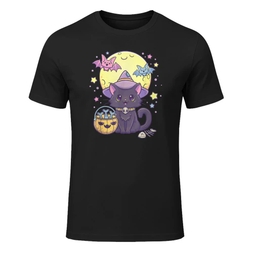 Kawaii Pastel Goth Cute Creepy Halloween Black Cat Witch Hat Witch T Shirt WIT0214