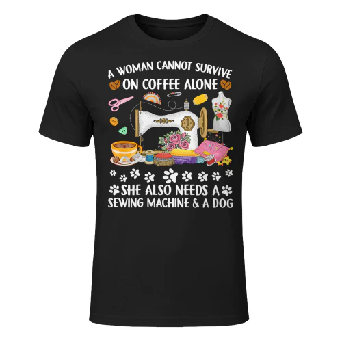 Womens Funny Sewing Coffee and Dogs Lover Sewer Dogs Quilting Quilt V Neck T Shirt SEQ0861