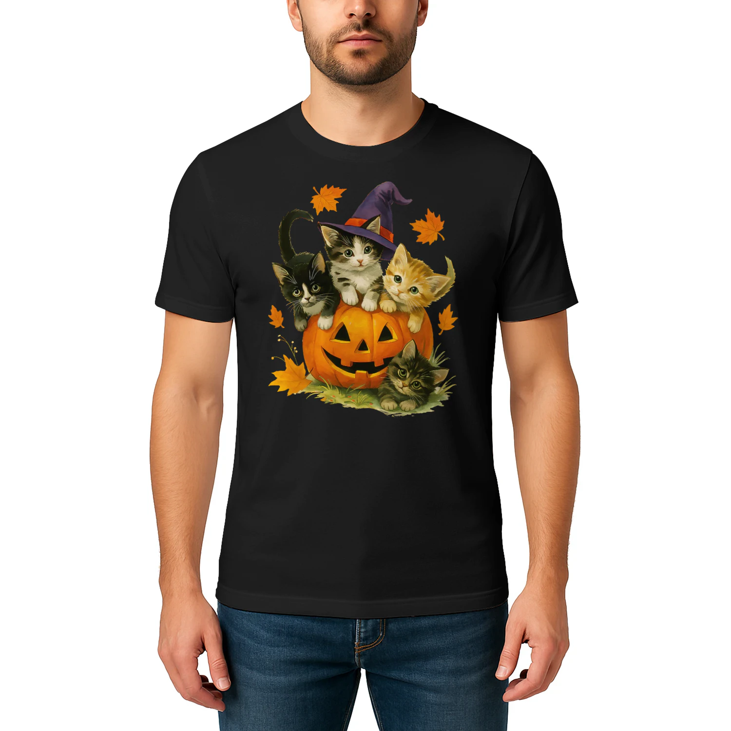 Cute Cat Pumpkin Halloween Spooky Season Vintage Men Women Kids T Shirt CAT0583