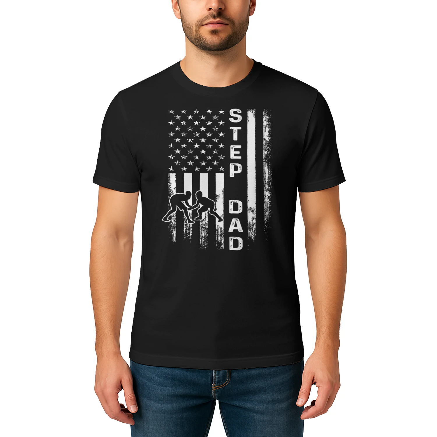 Wrestling Step Dad American Flag Vintage Christmas Xmas Wrestling T Shirt WRT0570