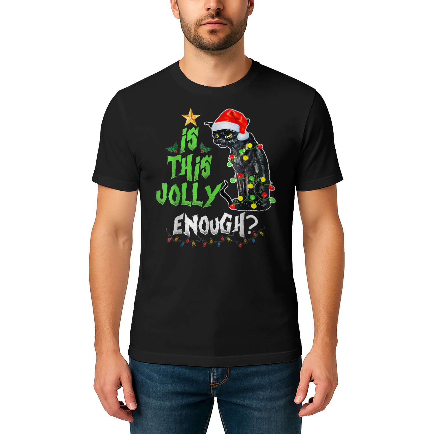 Womens Is This Jolly Enough Noel Black Cat Merry Christmas Long Sleeve T Shirt CAT1683
