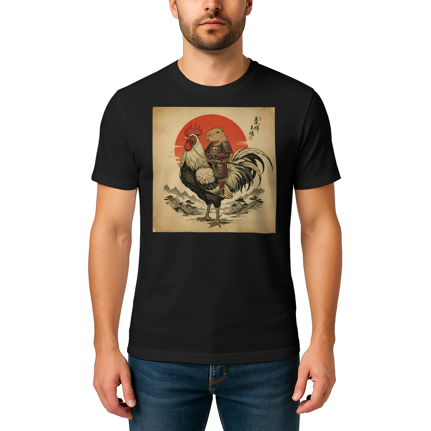 Vintage Japanese Samurai Capybara Rooster Chicken Anime Kids T Shirt CAB0777