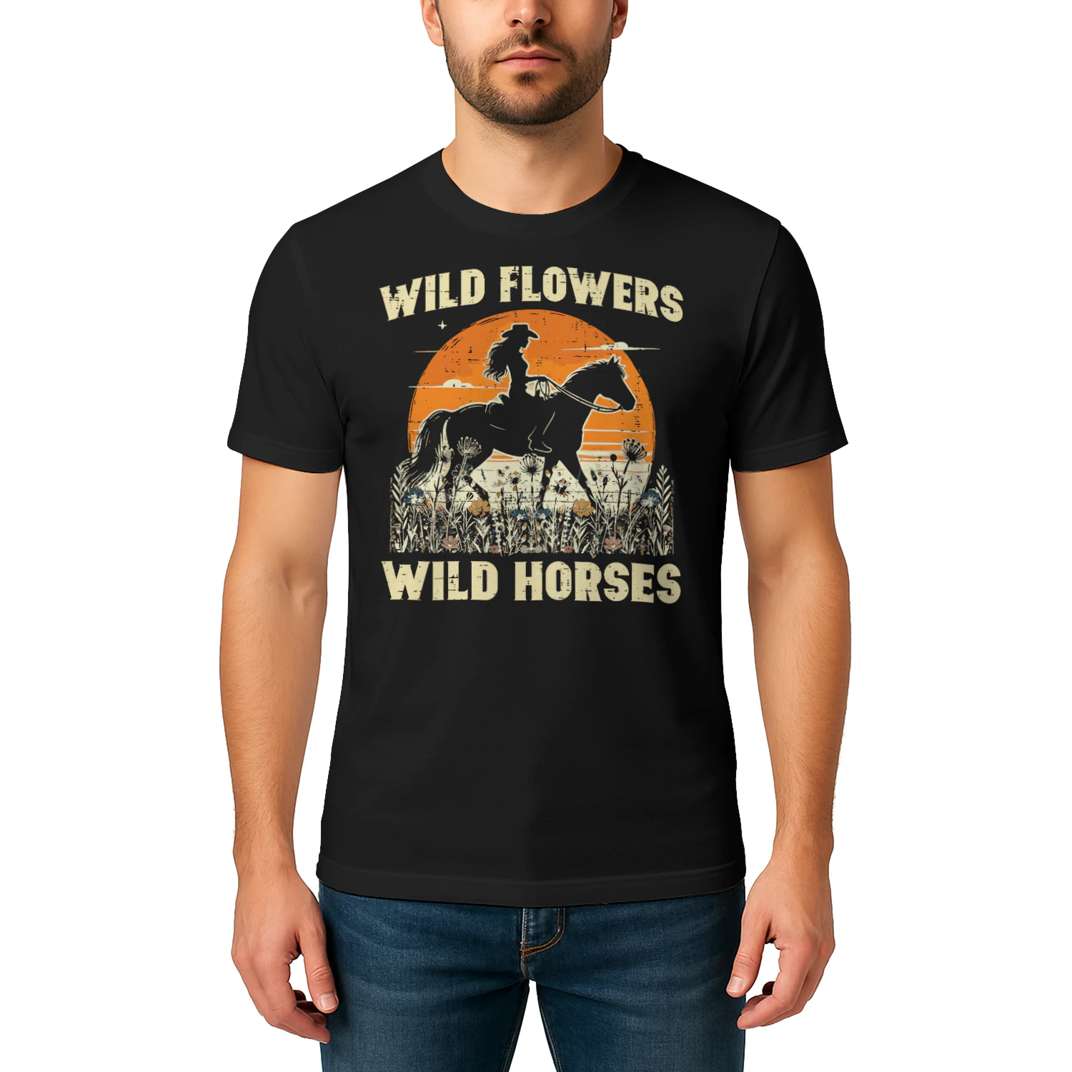 Wild Flowers Horses Cowgirl Retro Rodeo Girls Women Horse T Shirt HOR0207