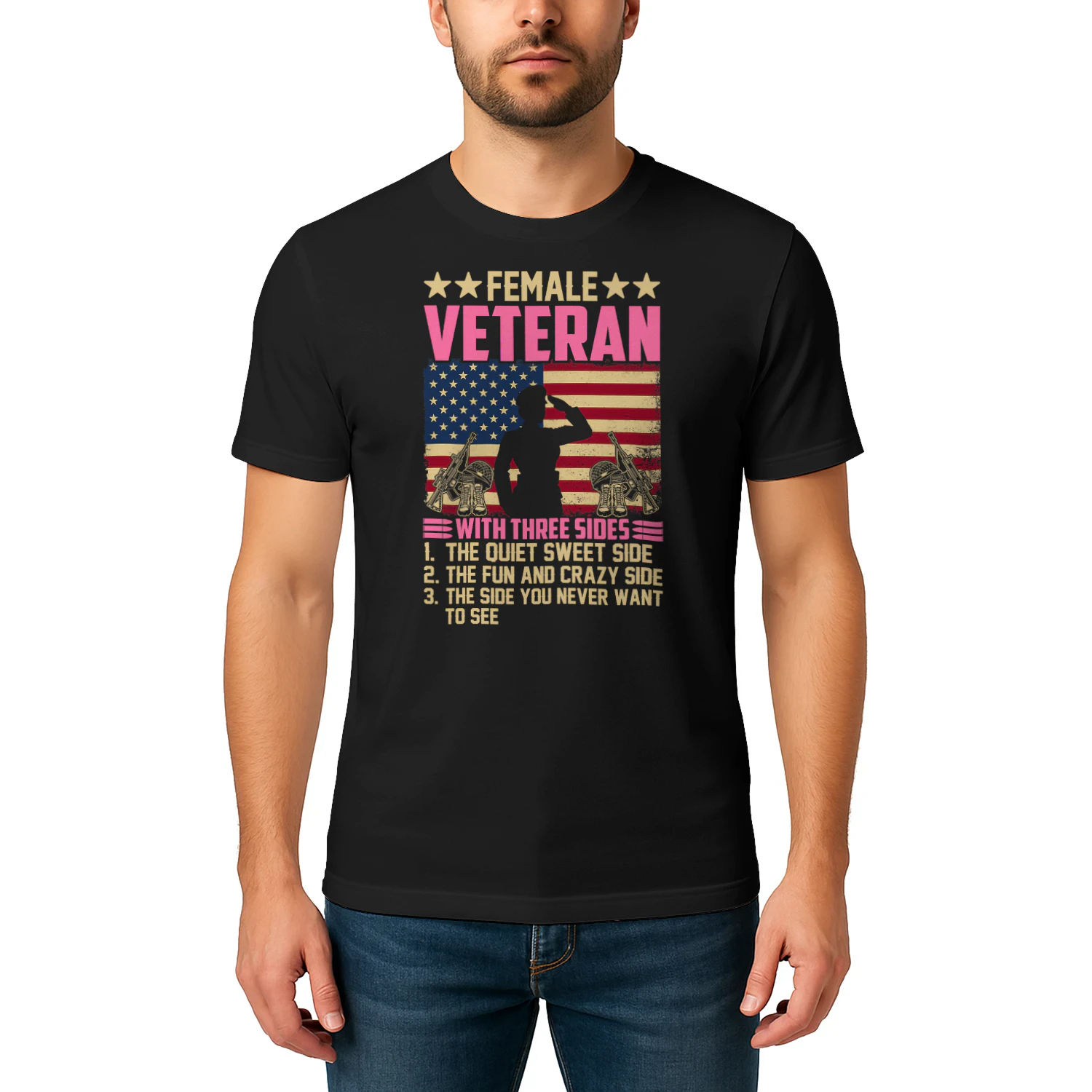 Womens Women Veteran Soldier Proud Female Veteran With Three Sides Veteran T Shirt VET1125