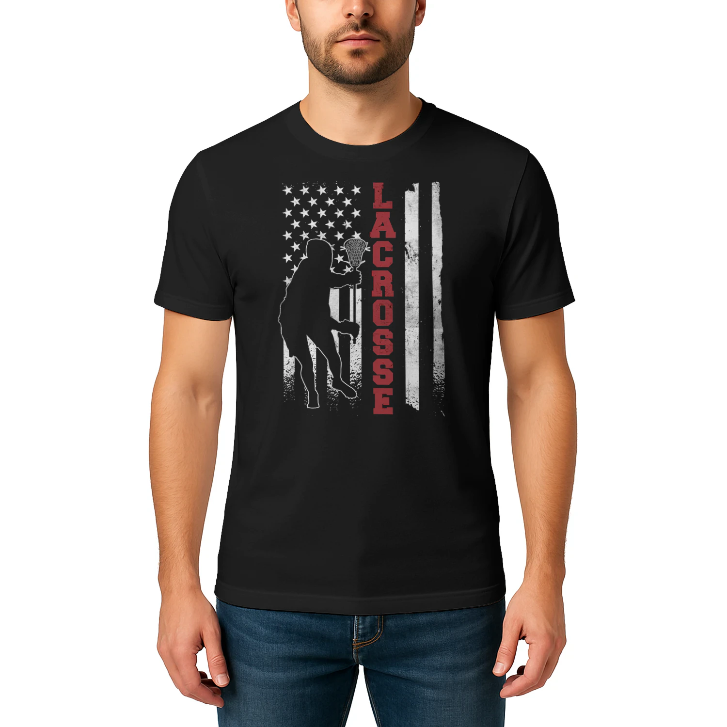 Vintage Gift Lacrosse American Flag Lax Unisexadults Black Small Short Lacrosse T Shirt LAR0479
