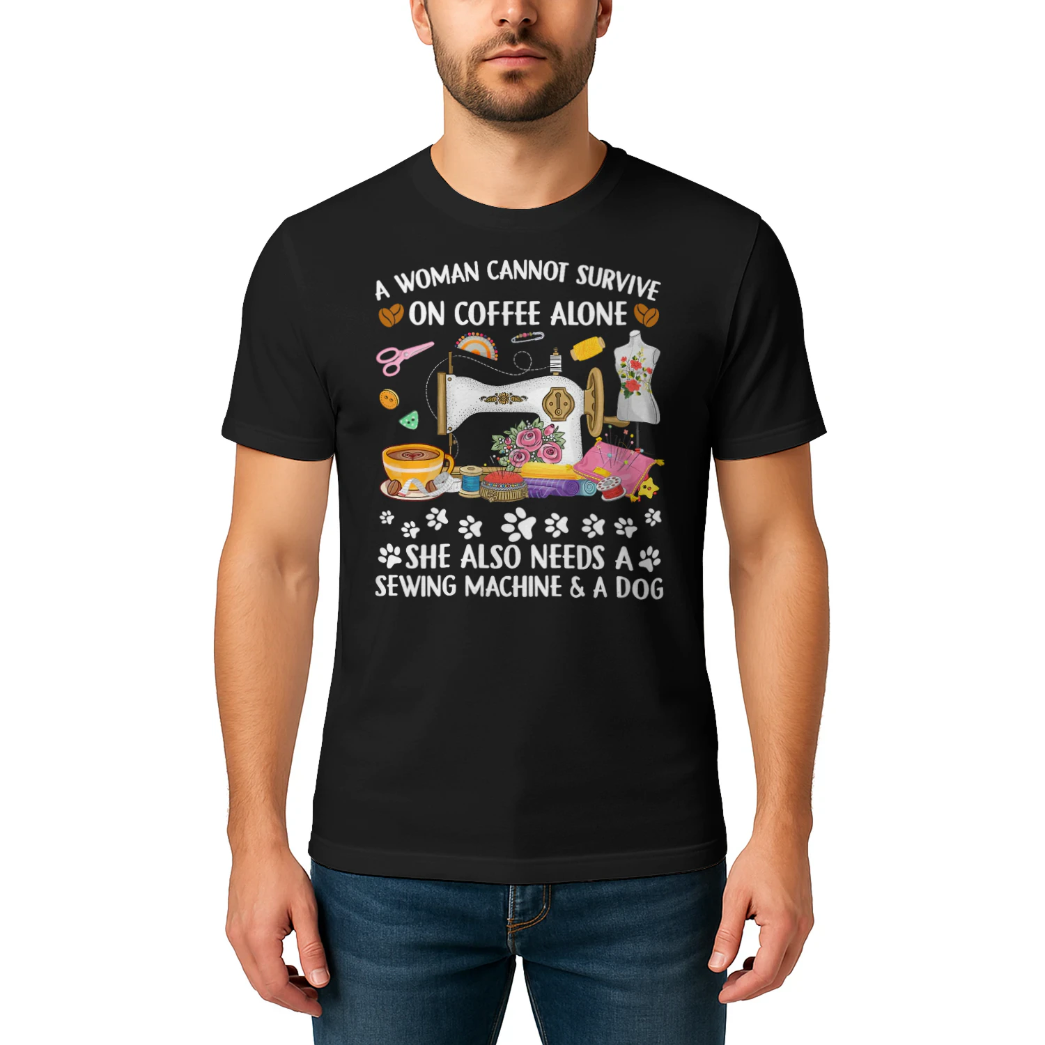Womens Funny Sewing Coffee and Dogs Lover Sewer Dogs Quilting Quilt V Neck T Shirt SEQ0861