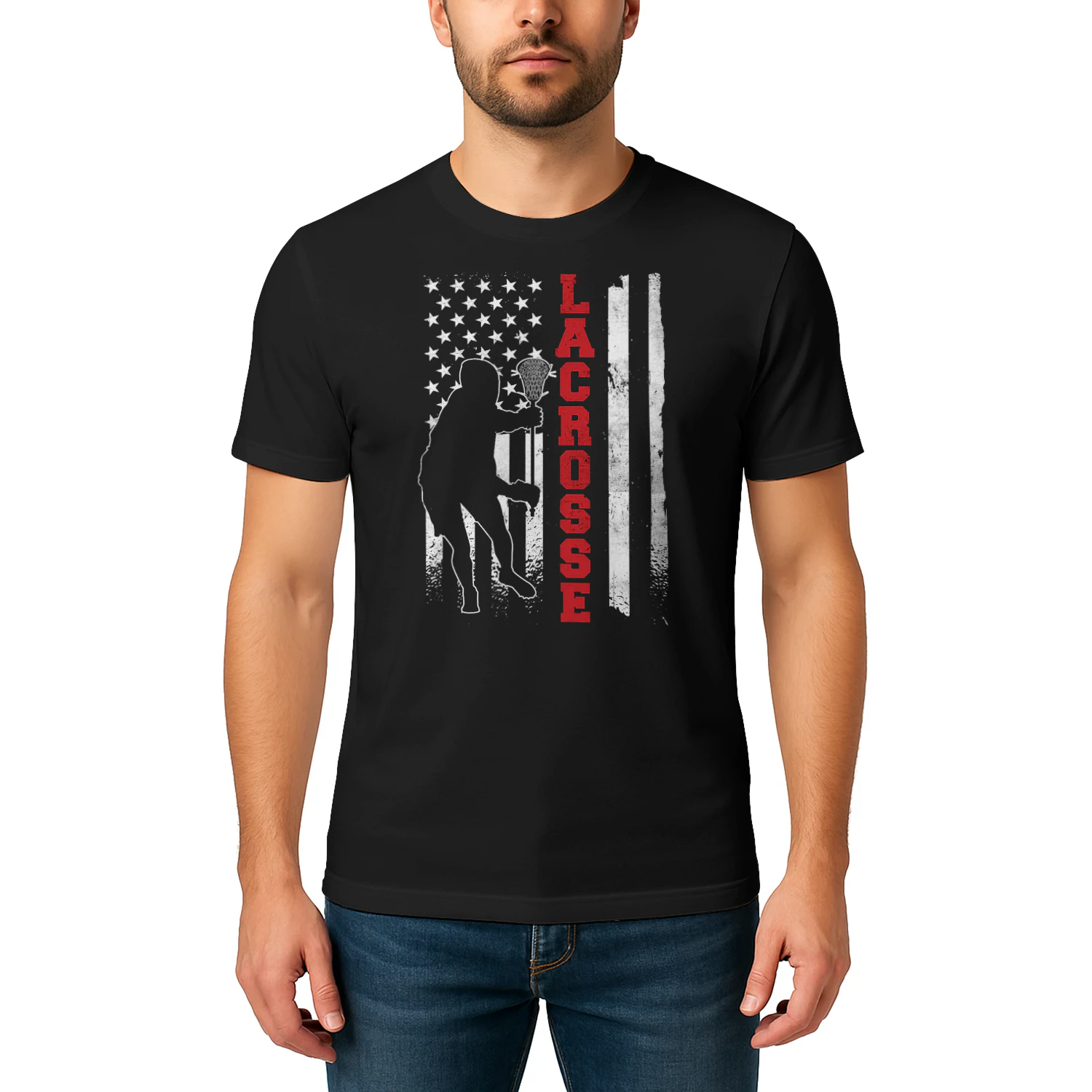 Vintage Gift Lacrosse American Flag Lax Unisex Adults Black Small Short Sleeve Lacrosse T Shirt LAR0478