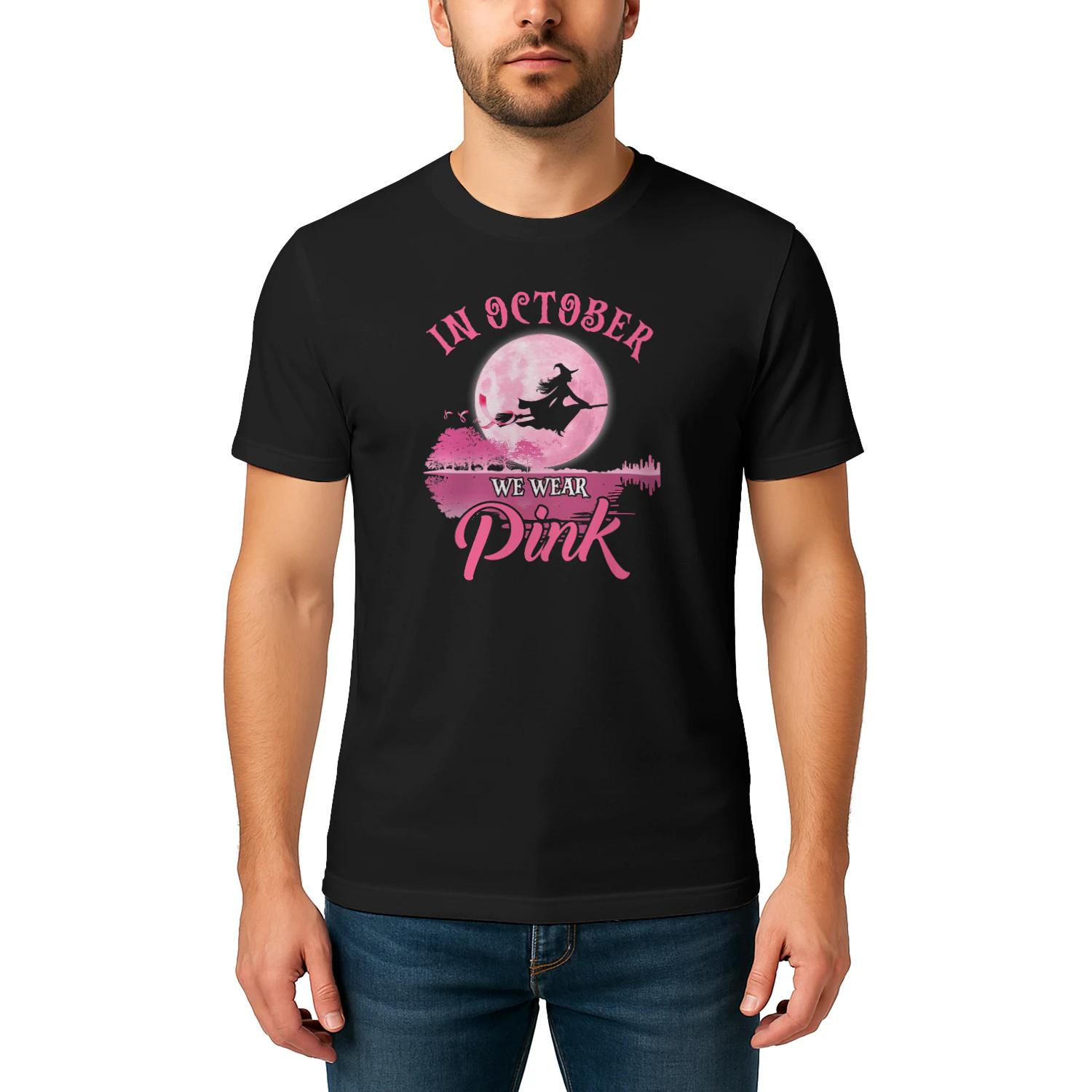 In October We Wear Pink Ribbon Witch Halloween Breast Cancer Witch T Shirt WIT0206