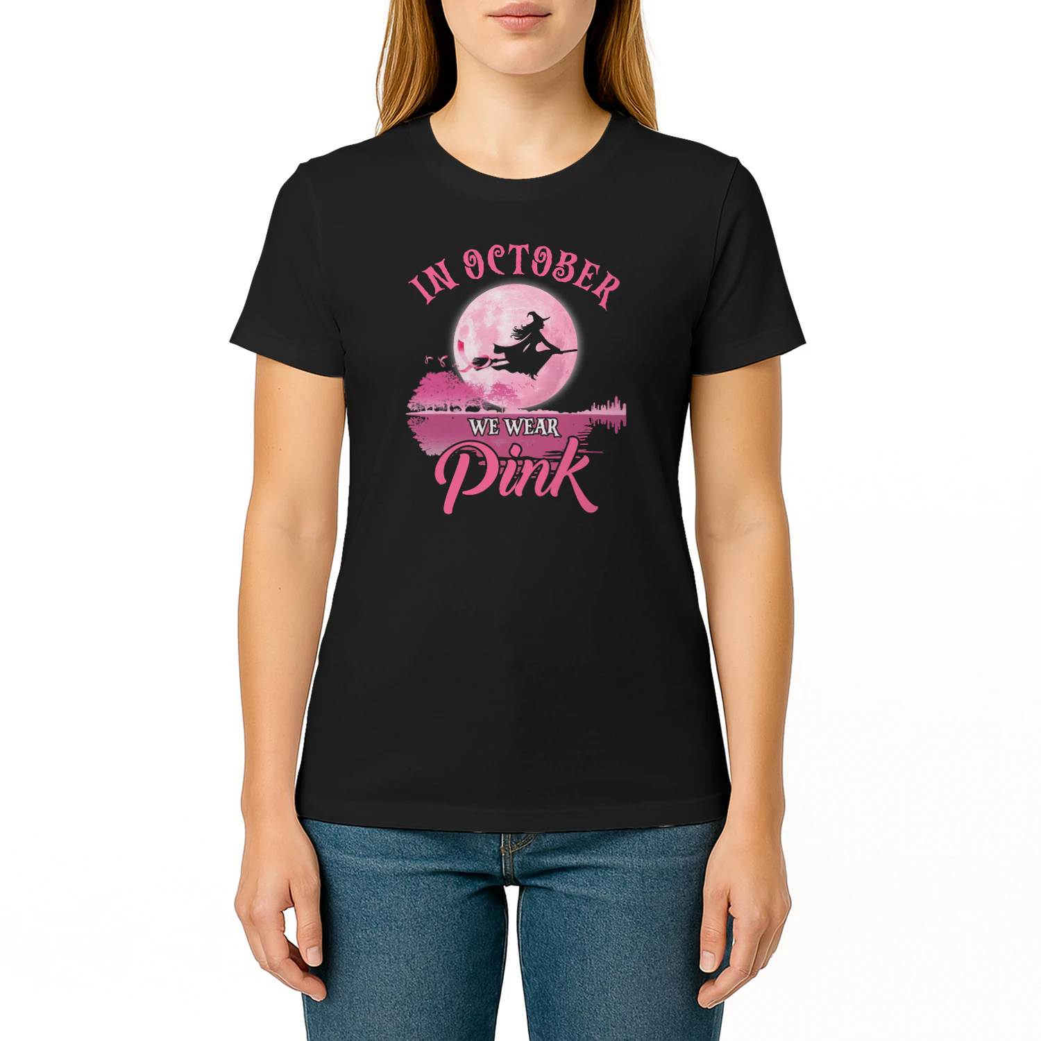 In October We Wear Pink Ribbon Witch Halloween Breast Cancer Witch T Shirt WIT0206