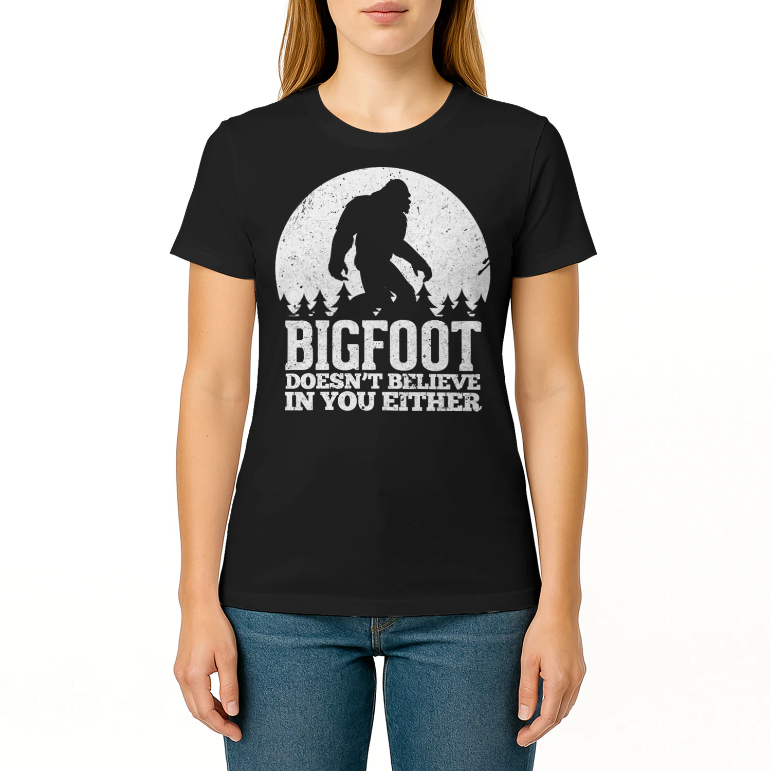 Womens Bigfoot Doesnt Believe In You Either Sasquatch Gift Vneck Bigfoot T Shirt STB0518