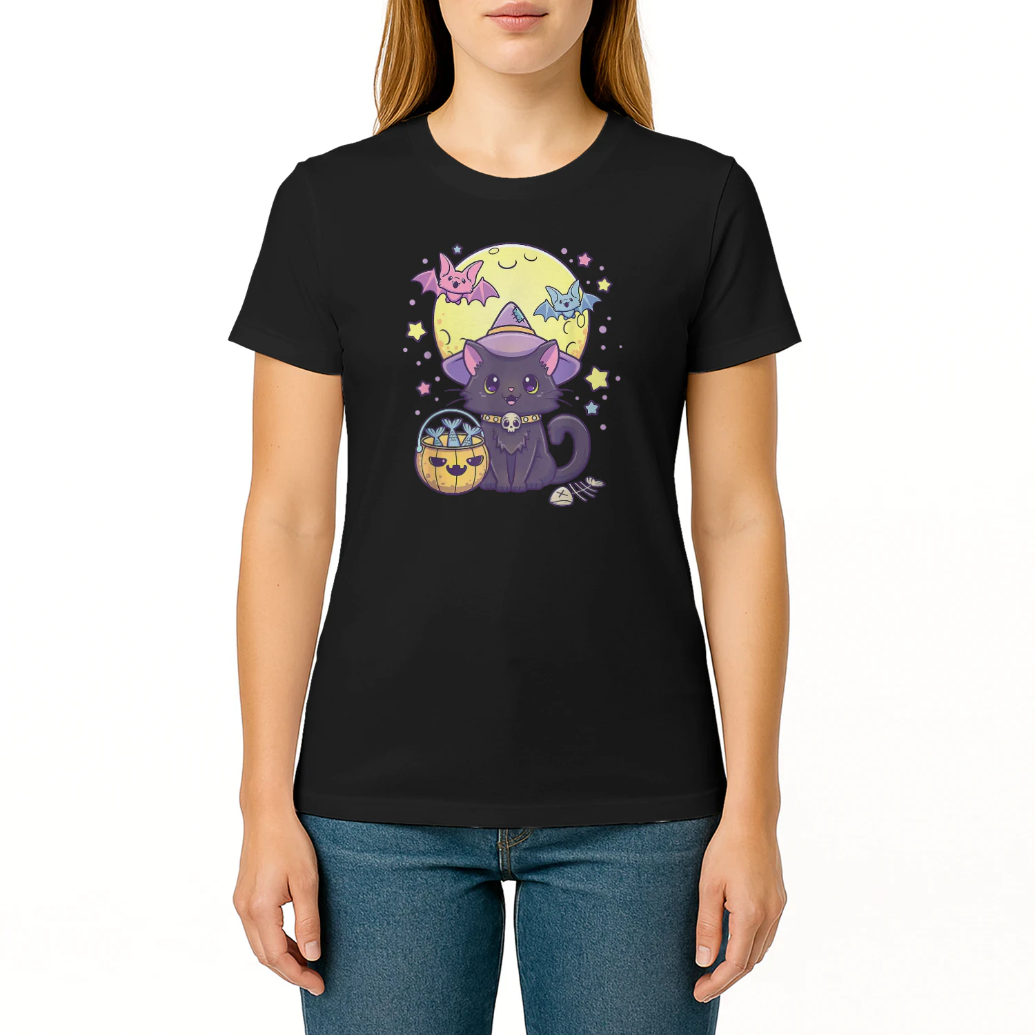 Kawaii Pastel Goth Cute Creepy Halloween Black Cat Witch Hat Witch T Shirt WIT0214