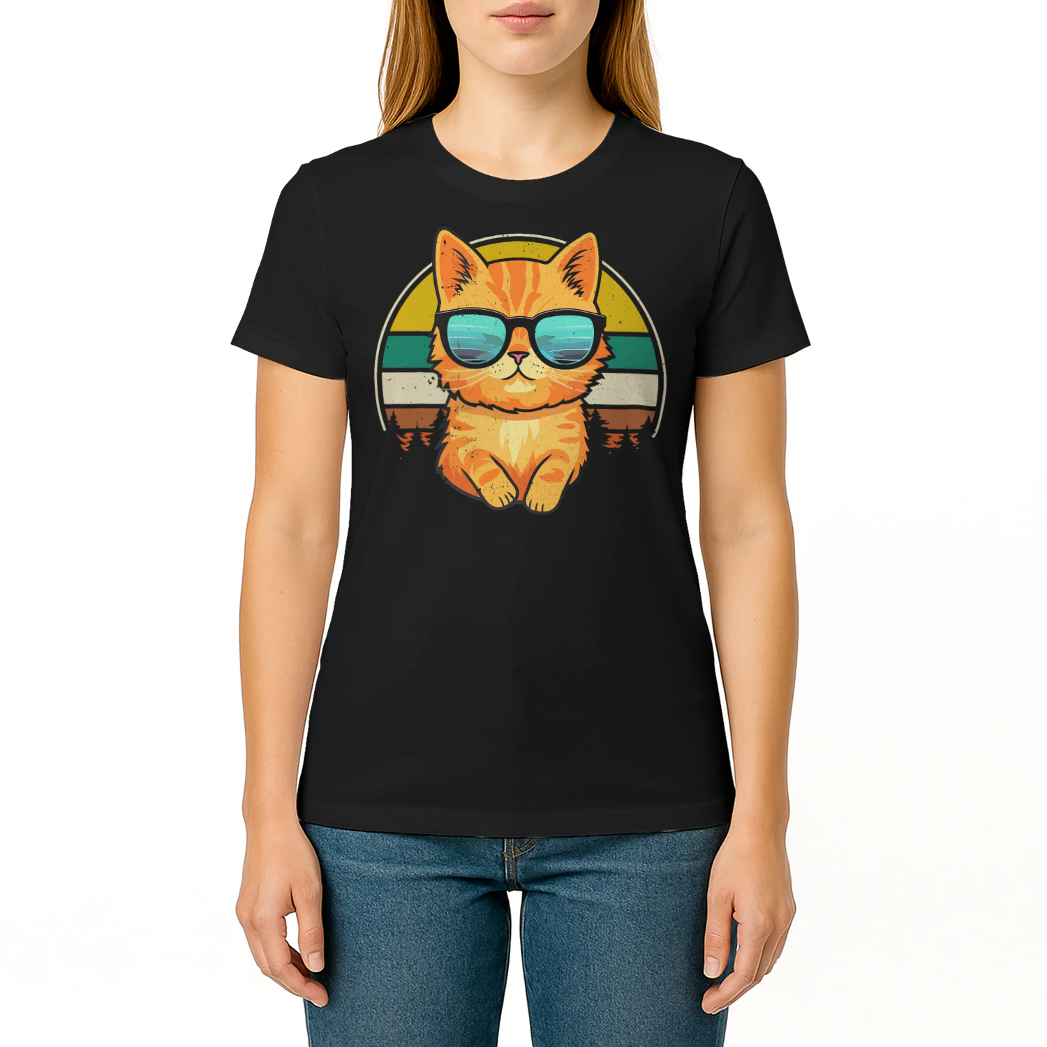 Vintage Style Orange Tabby Cat Friendly Wearing Sunglasses T Shirt CAT1653