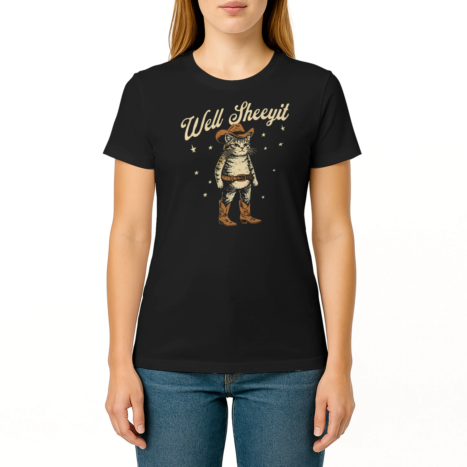 Well Sheeyit Funny Cowboy Cat Vintage Western Humor Art T Shirt CAT1665