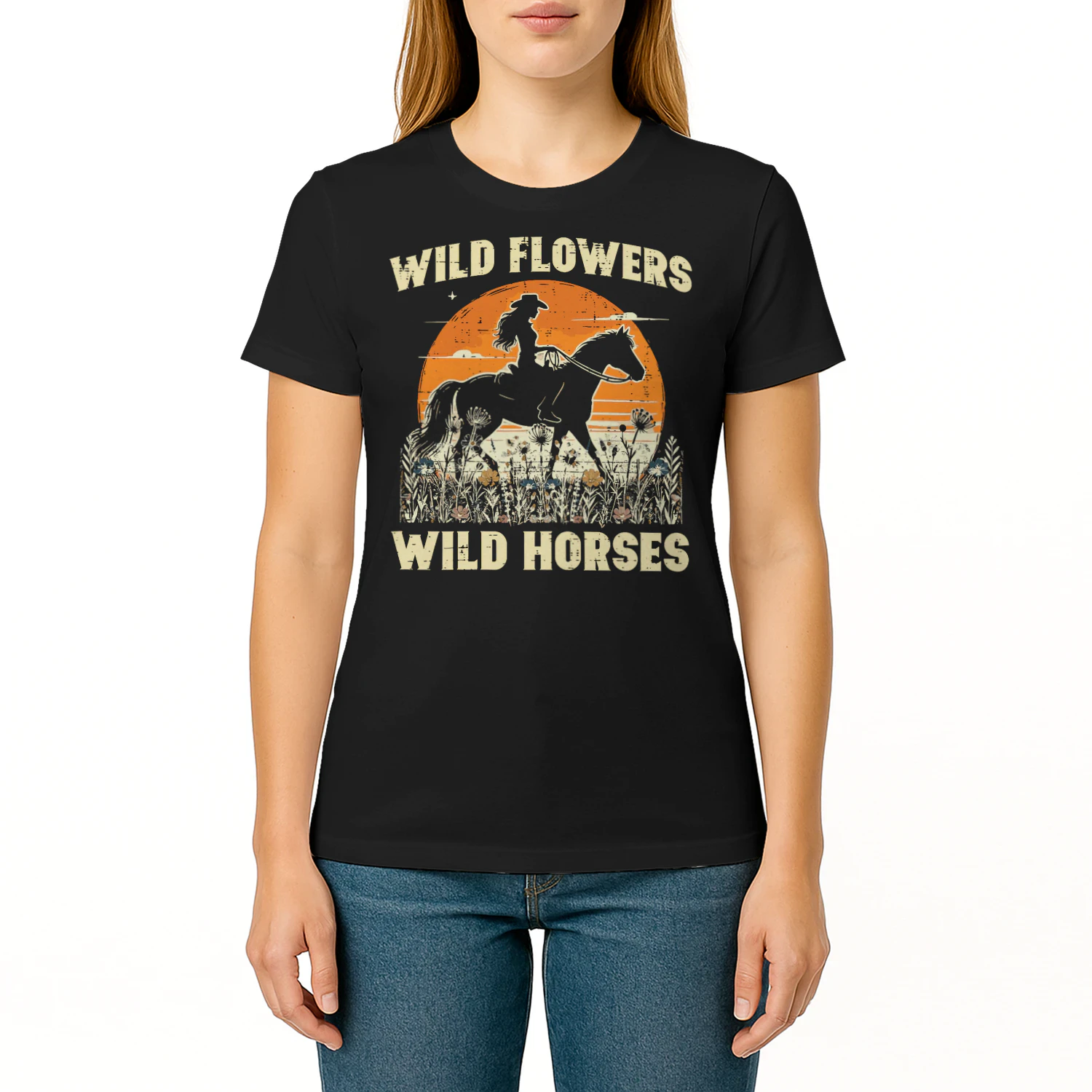 Wild Flowers Horses Cowgirl Retro Rodeo Girls Women Horse T Shirt HOR0207