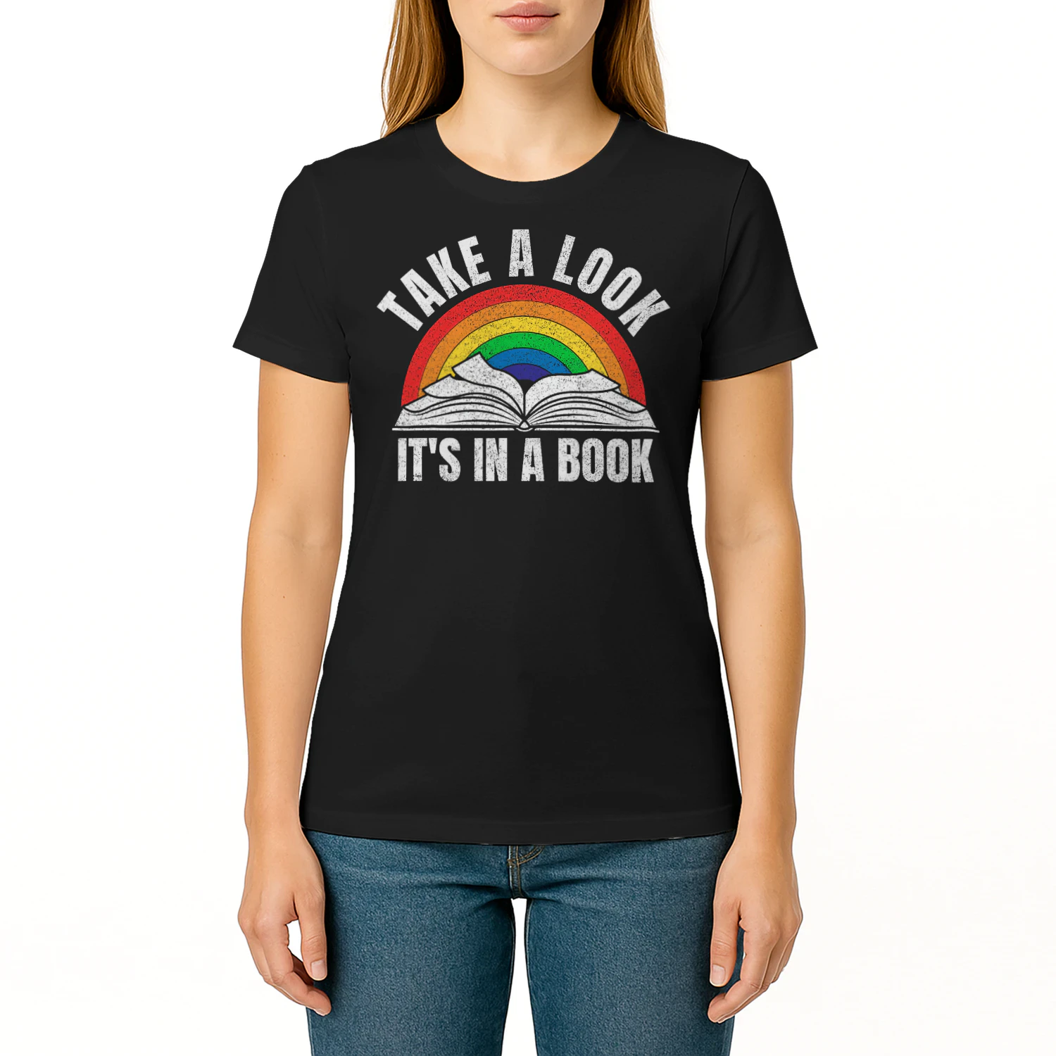 Vintage Retro Rainbow Take A Look Its In A Book Reading Art Small Read Books T Shirt REB0910