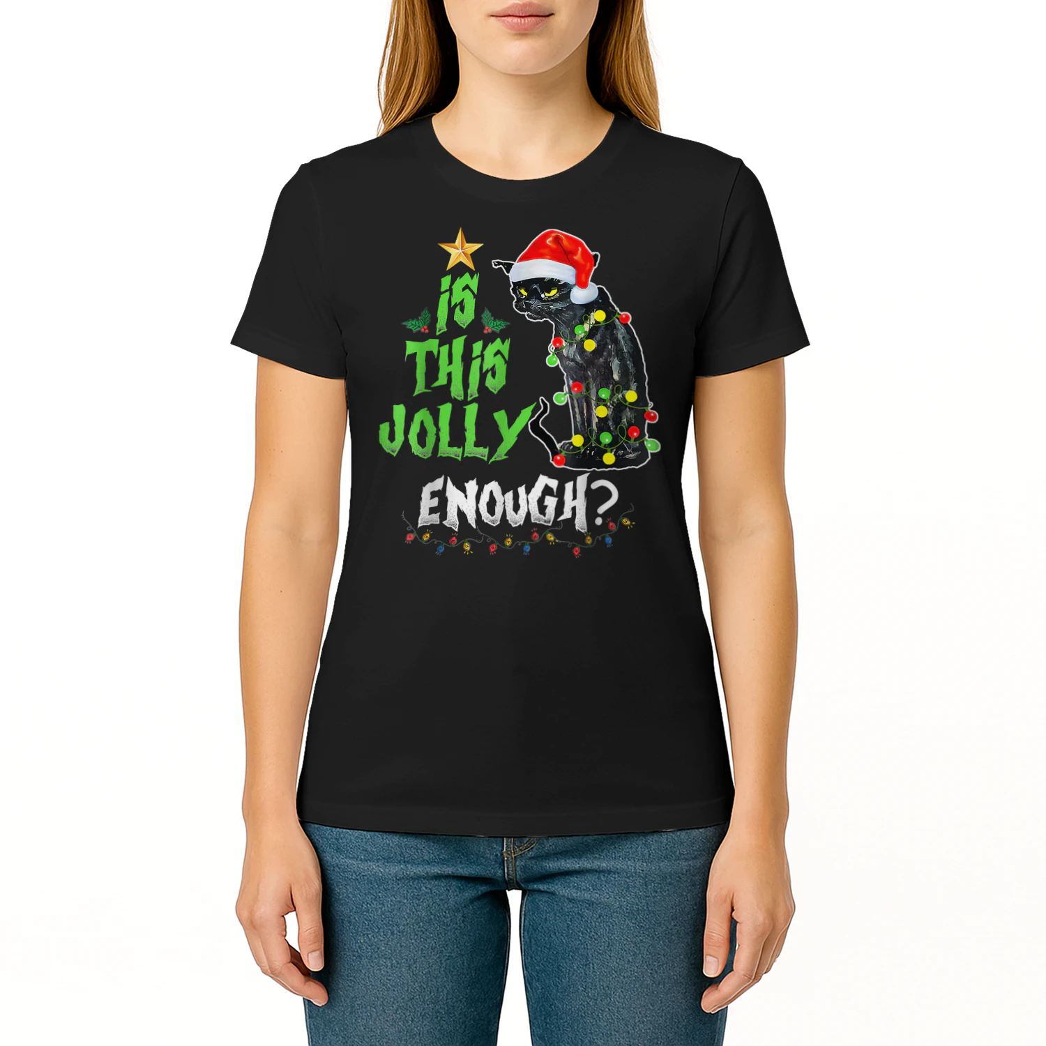 Womens Is This Jolly Enough Noel Black Cat Merry Christmas Long Sleeve T Shirt CAT1683