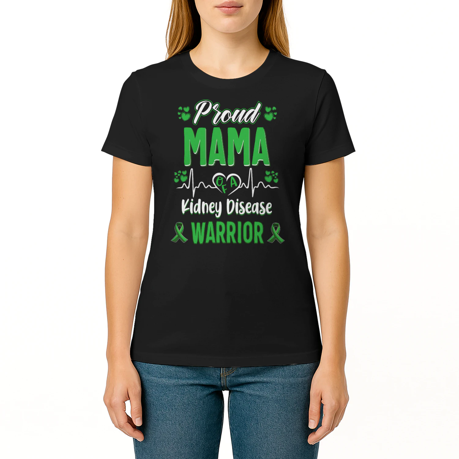 proud Mama kidney disease warrior awareness ribbon green T Shirt KIW0325
