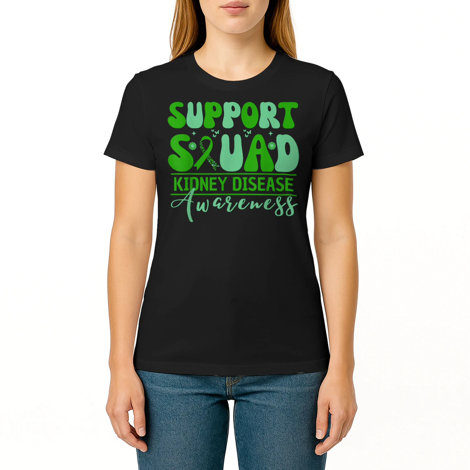 Support Squad Kidney Disease Awareness Green Ribbon Warriors T Shirt KIW0334