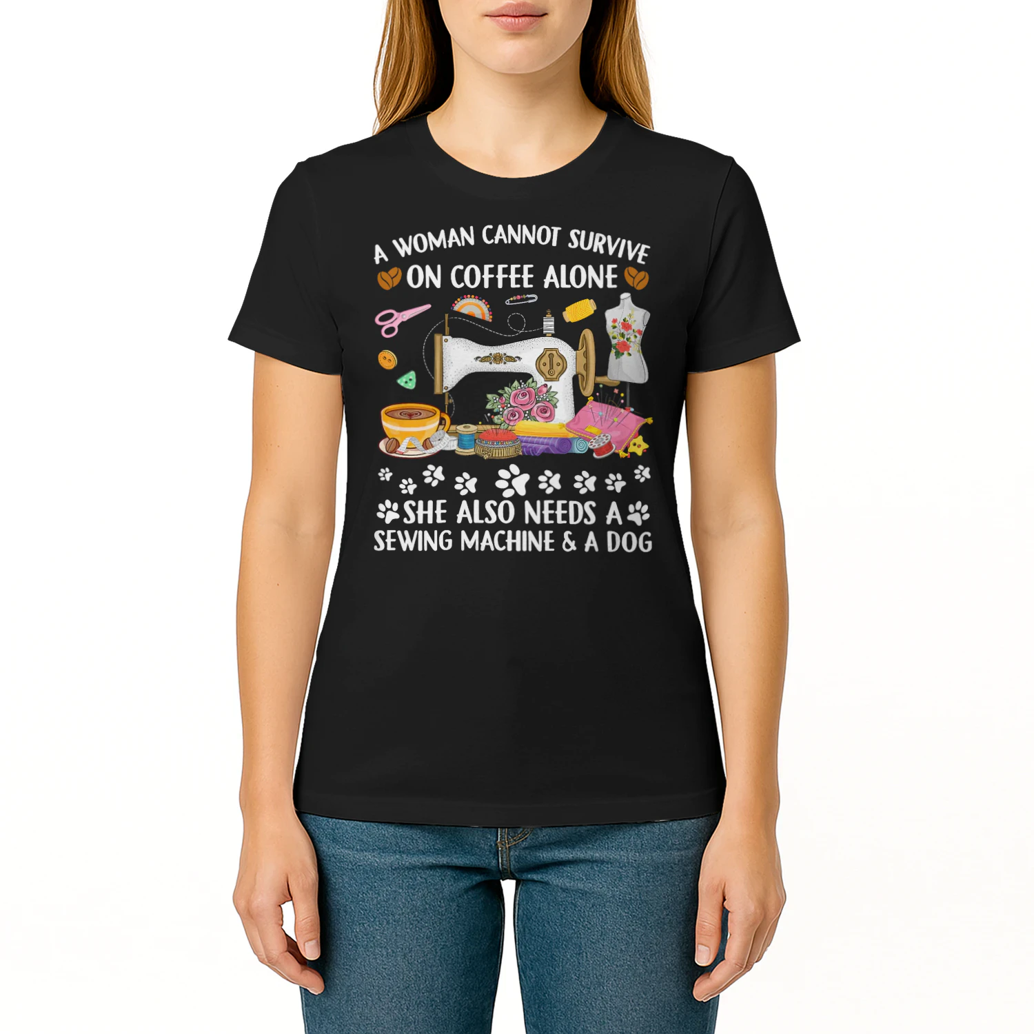 Womens Funny Sewing Coffee and Dogs Lover Sewer Dogs Quilting Quilt V Neck T Shirt SEQ0861
