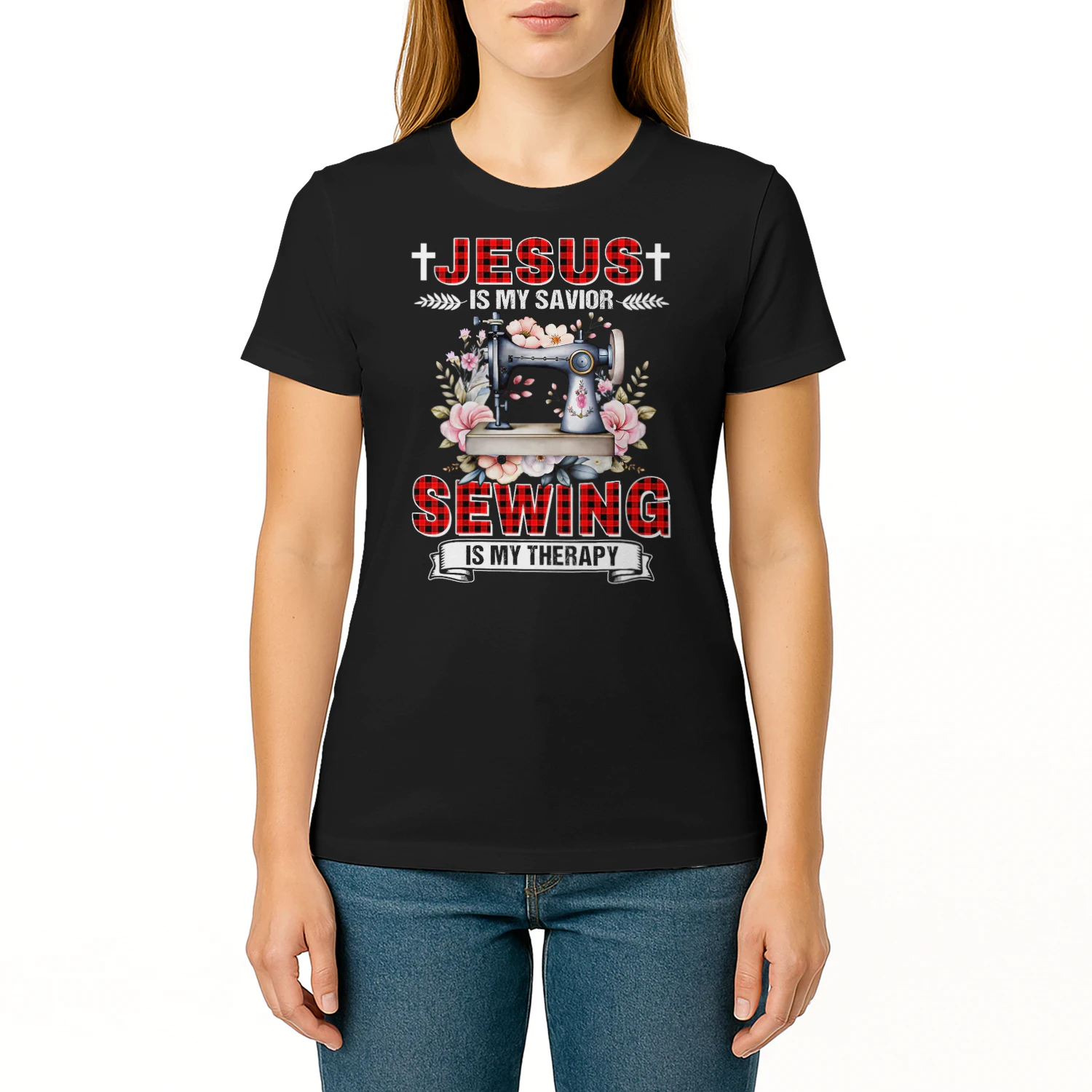 Womens Jesus Is My Savior Sewing Is My Therapy Funny V Neck T Shirt SEQ0871