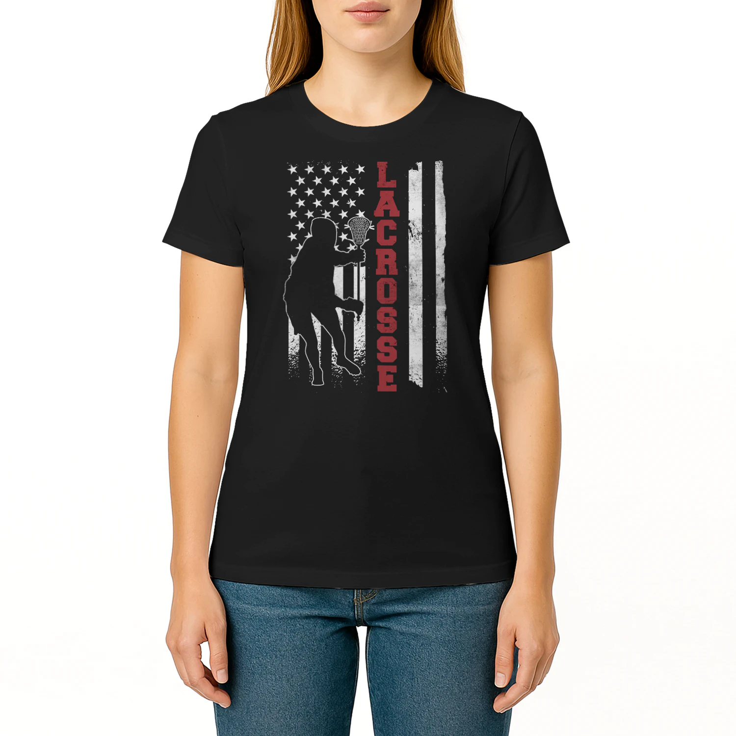 Vintage Gift Lacrosse American Flag Lax Unisexadults Black Small Short Lacrosse T Shirt LAR0479