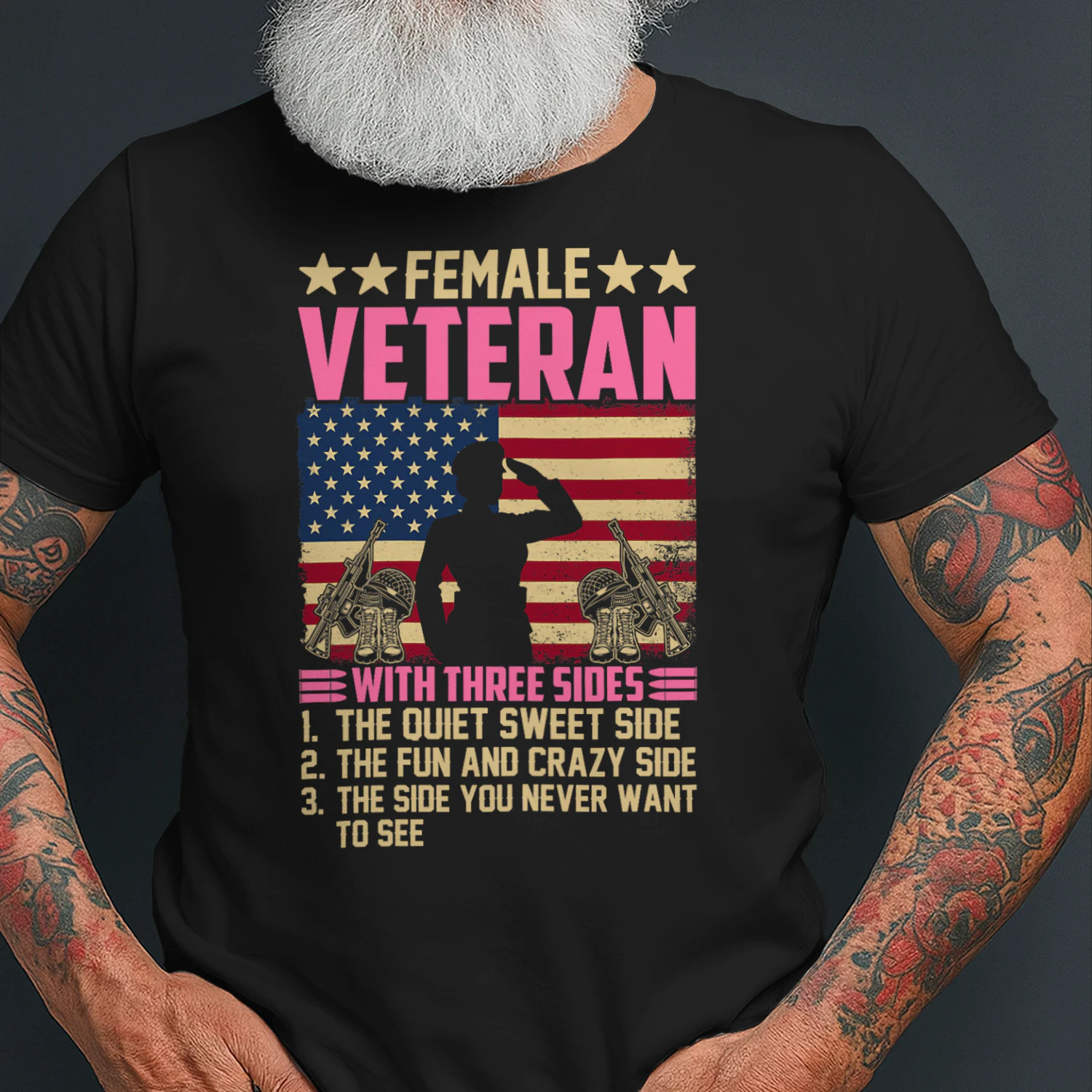 Womens Women Veteran Soldier Proud Female Veteran With Three Sides Veteran T Shirt VET1125