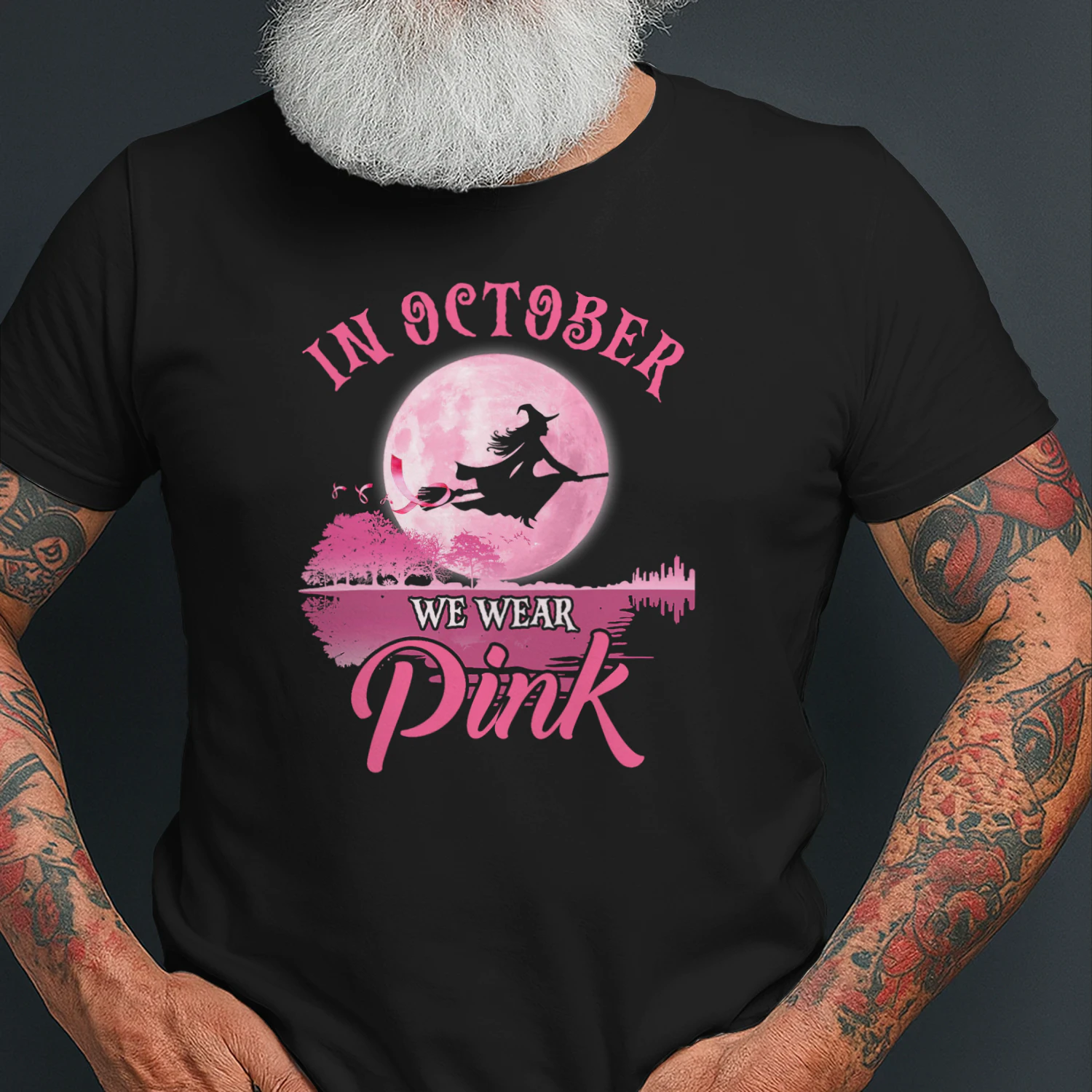 In October We Wear Pink Ribbon Witch Halloween Breast Cancer Witch T Shirt WIT0206