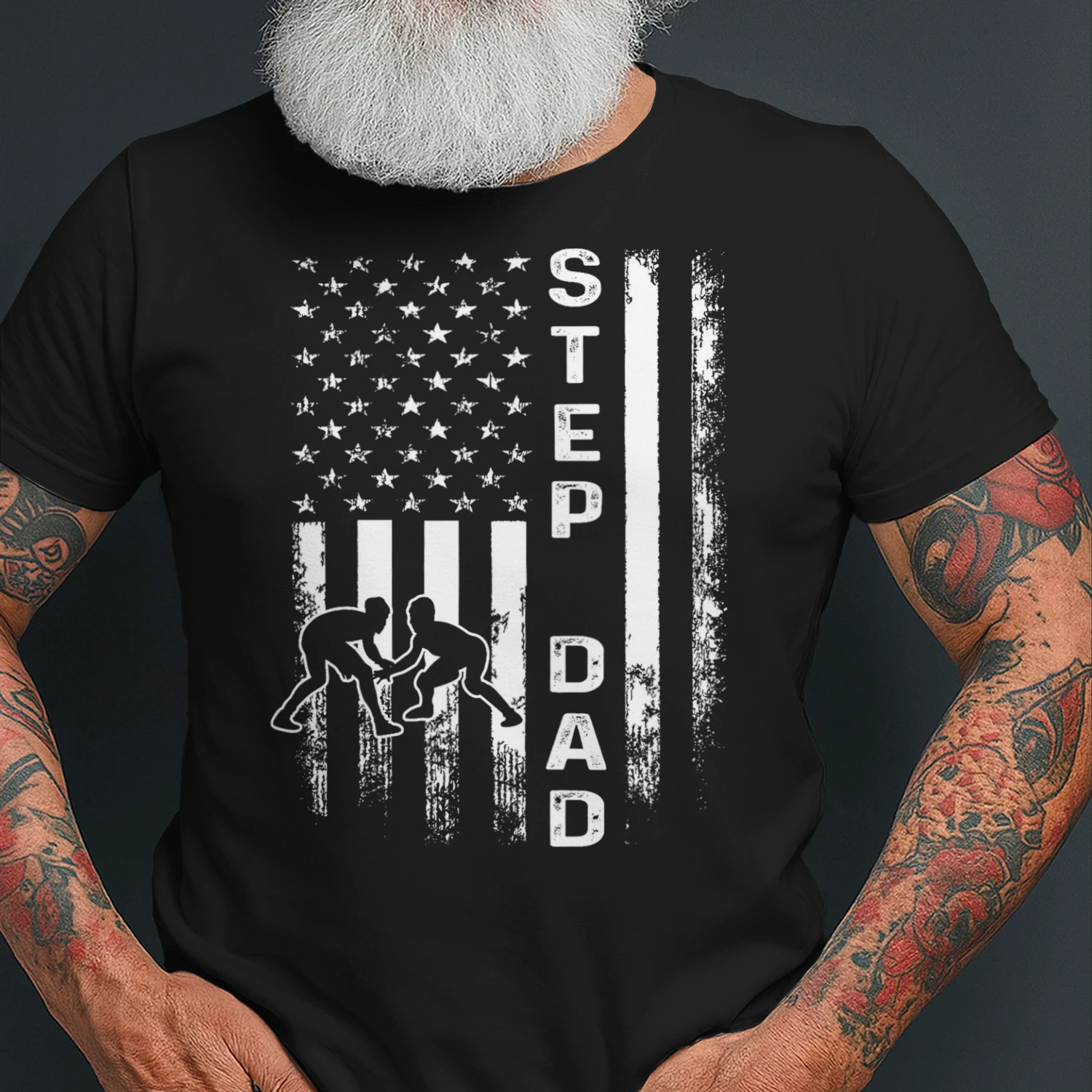 Wrestling Step Dad American Flag Vintage Christmas Xmas Wrestling T Shirt WRT0570