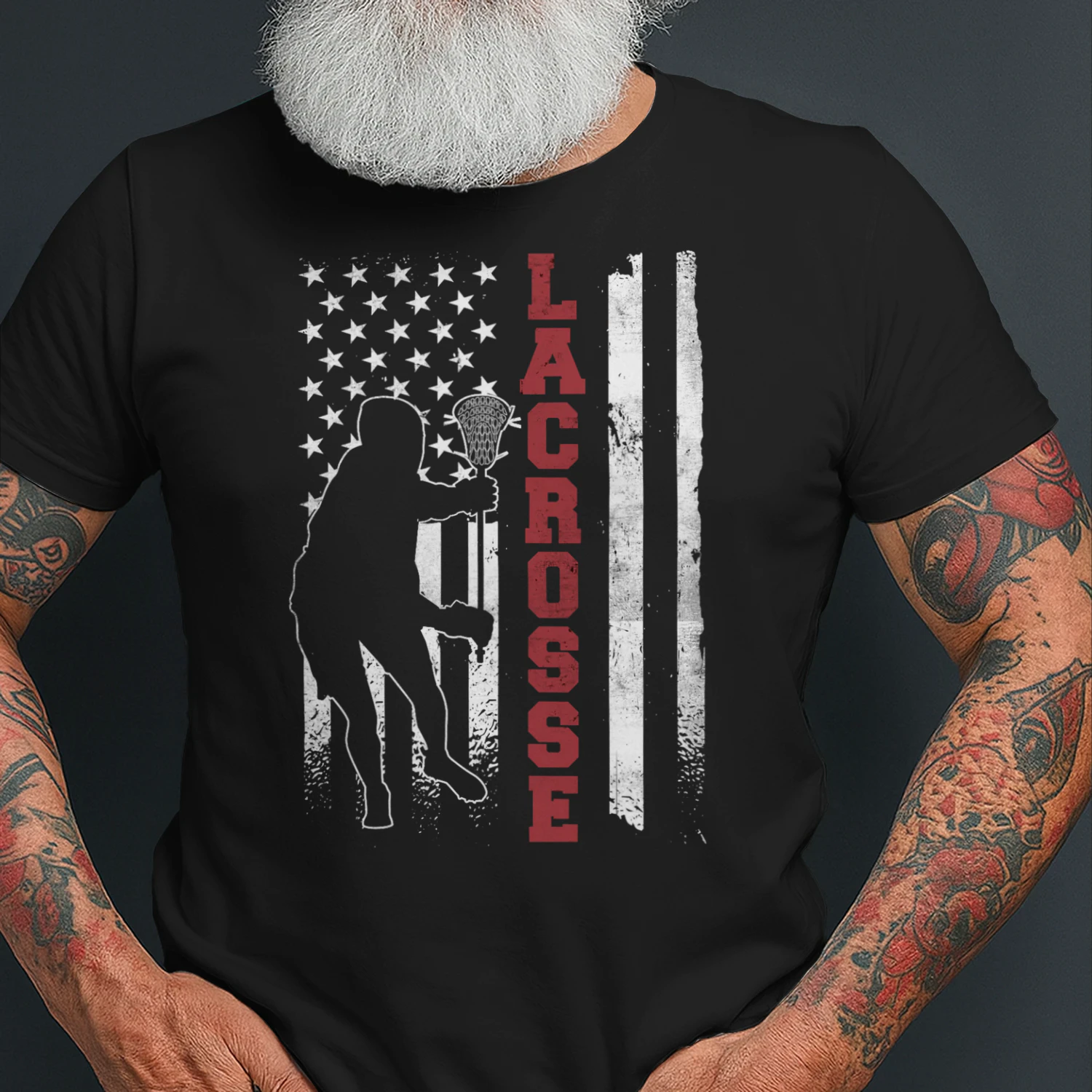 Vintage Gift Lacrosse American Flag Lax Unisexadults Black Small Short Lacrosse T Shirt LAR0479