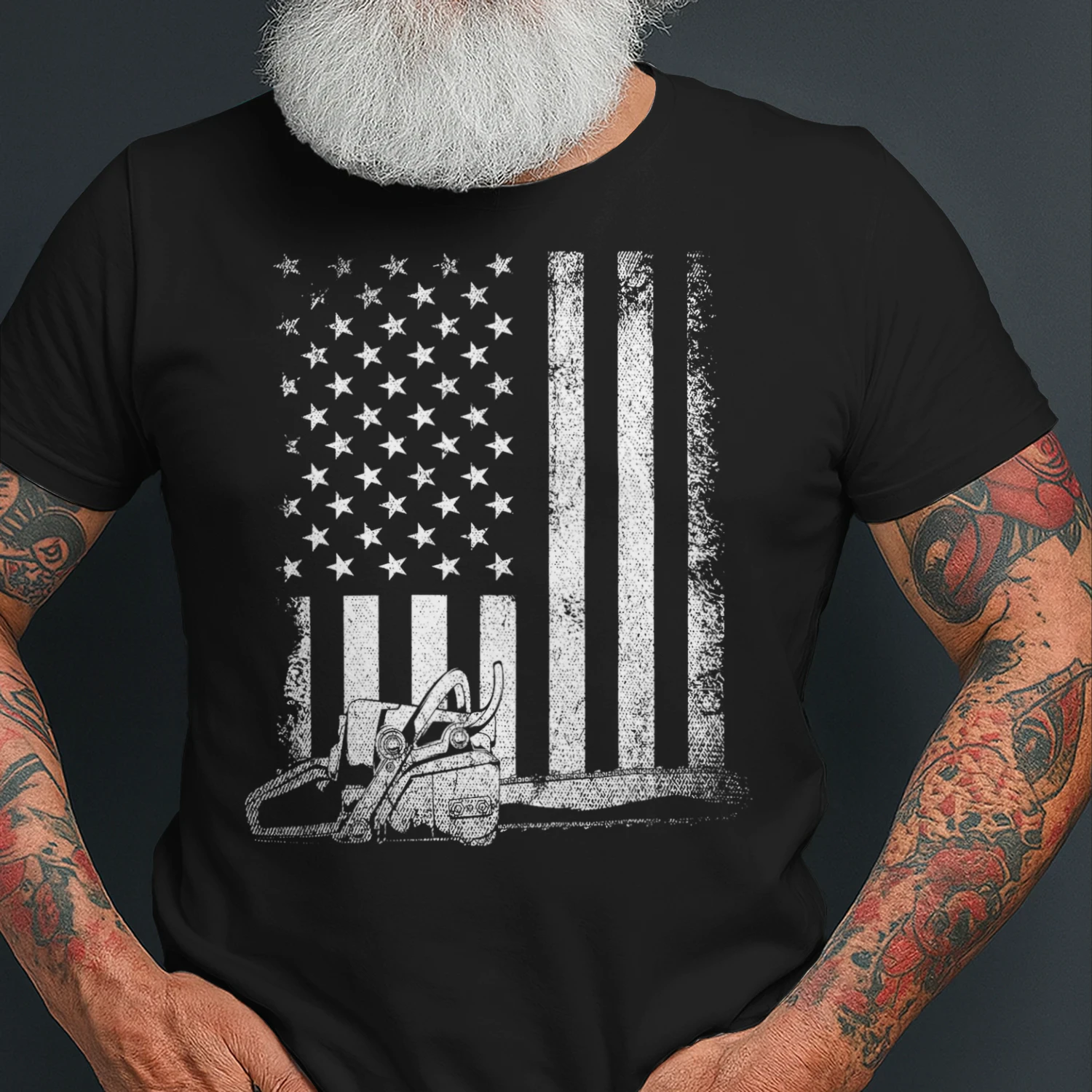 US Flag Proud American Arborist Gift Chainsaw Axe Lumberjack T Shirt LUB0339