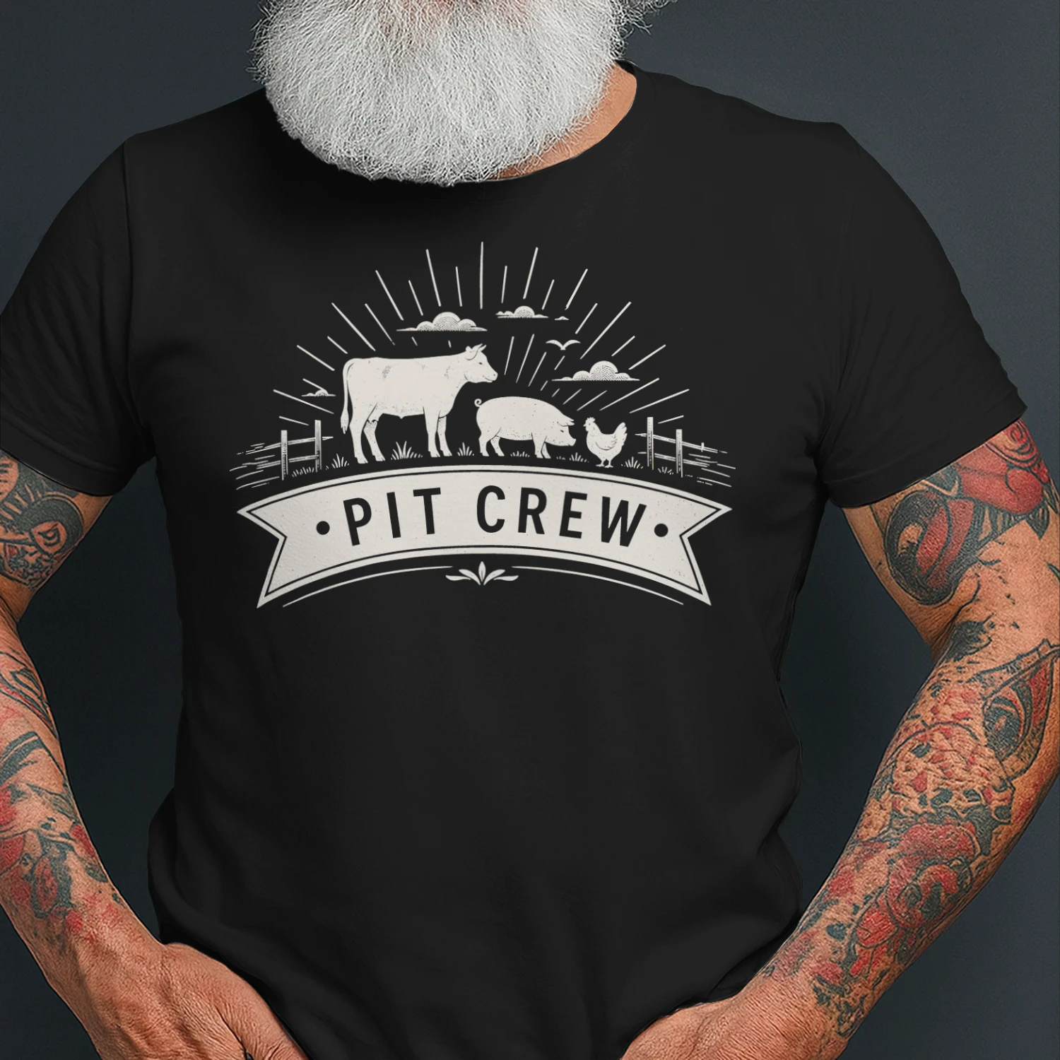 Vintage Pit Crew Cow Pig Chicken Meat Smoking Grill Master BBQ T Shirt BBQ0030