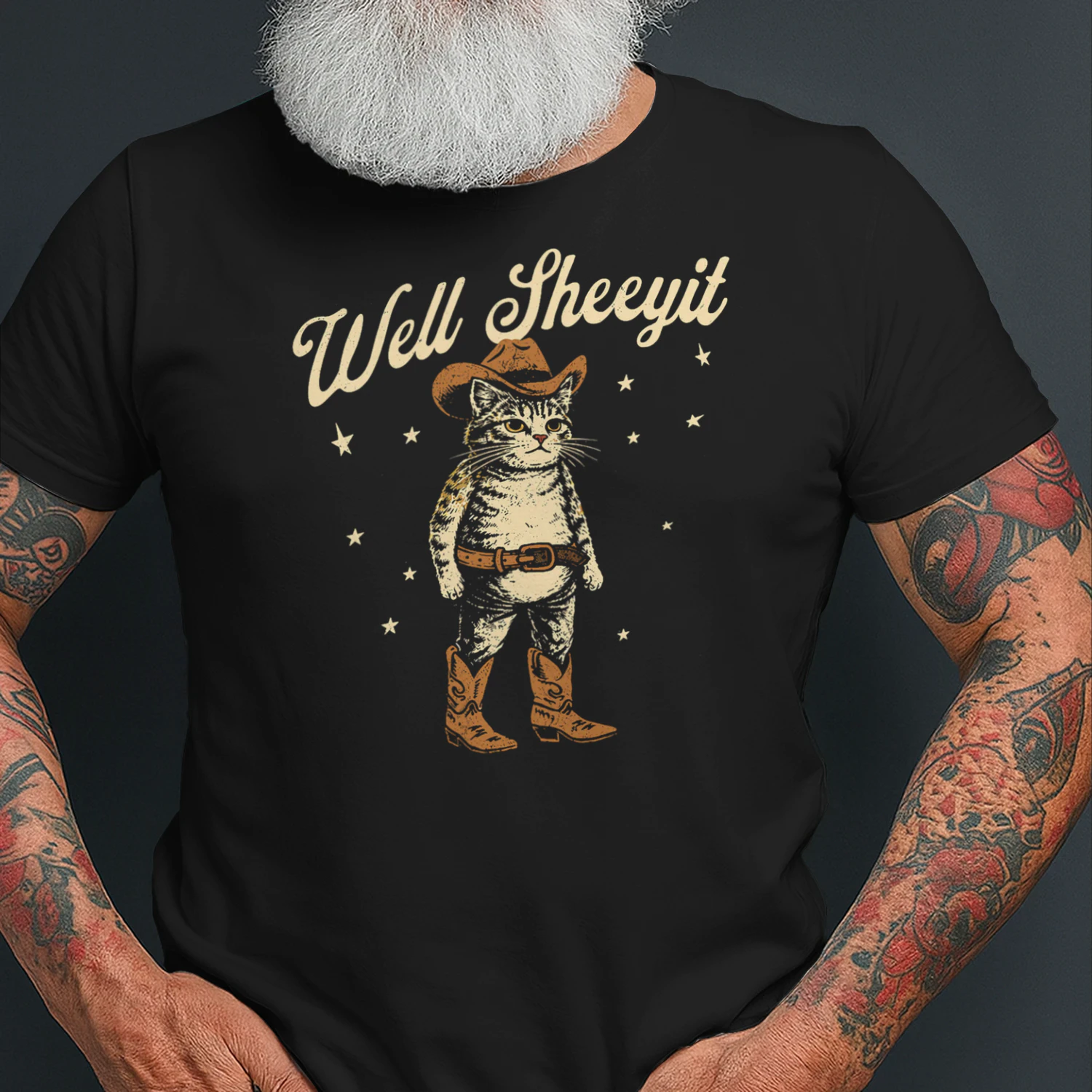 Well Sheeyit Funny Cowboy Cat Vintage Western Humor Art T Shirt CAT1665