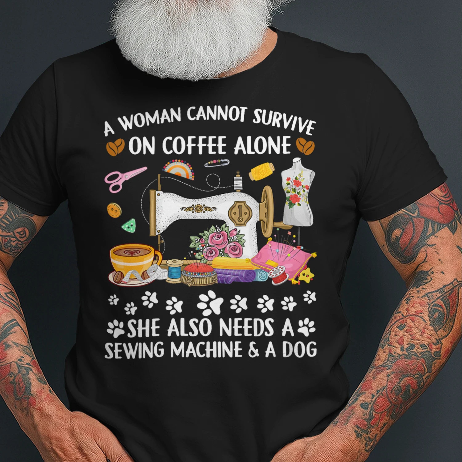 Womens Funny Sewing Coffee and Dogs Lover Sewer Dogs Quilting Quilt V Neck T Shirt SEQ0861